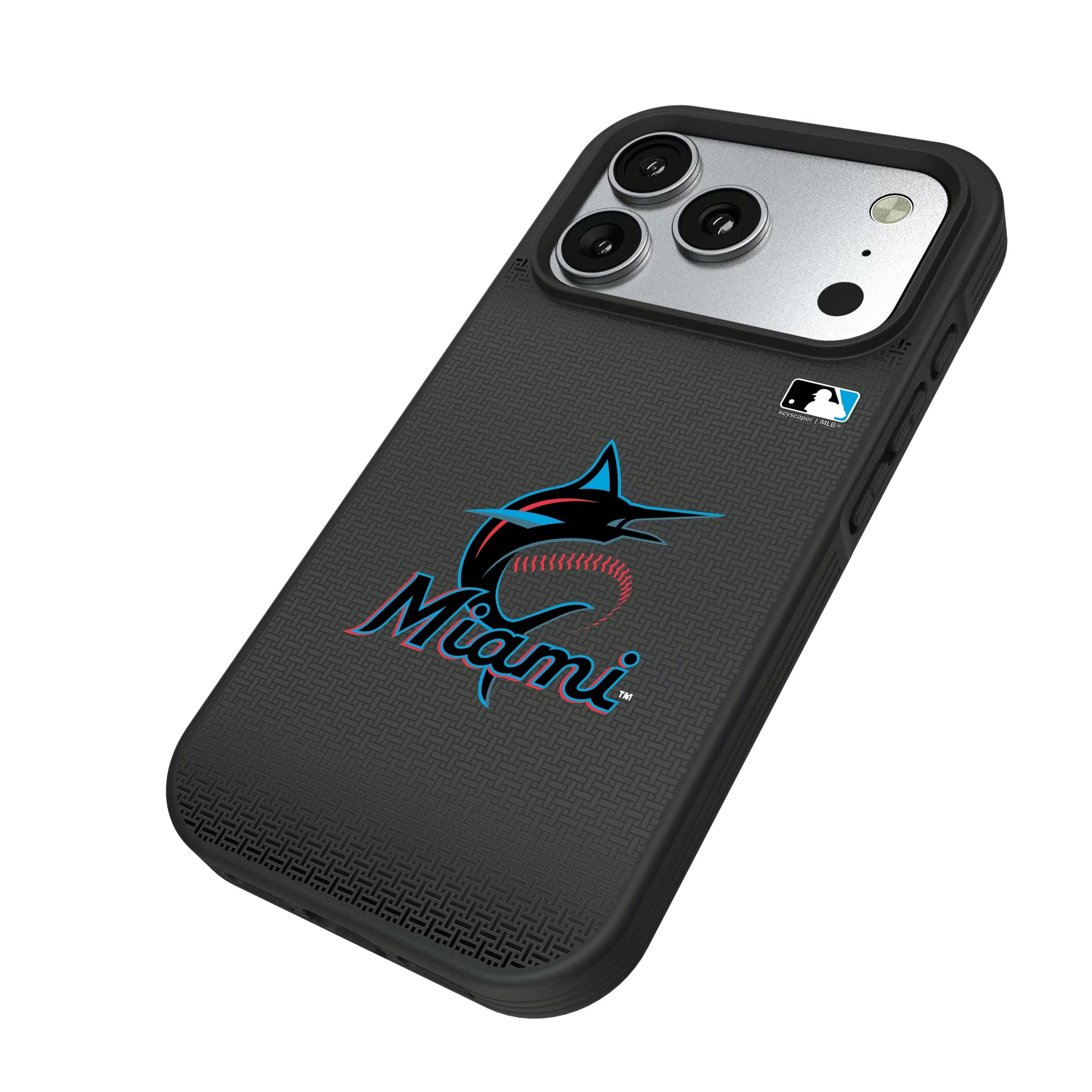 Miami Marlins Linen iPhone Bump Phone Case for Apple iPhone - Isometric View#Device_iPhone 17 Pro