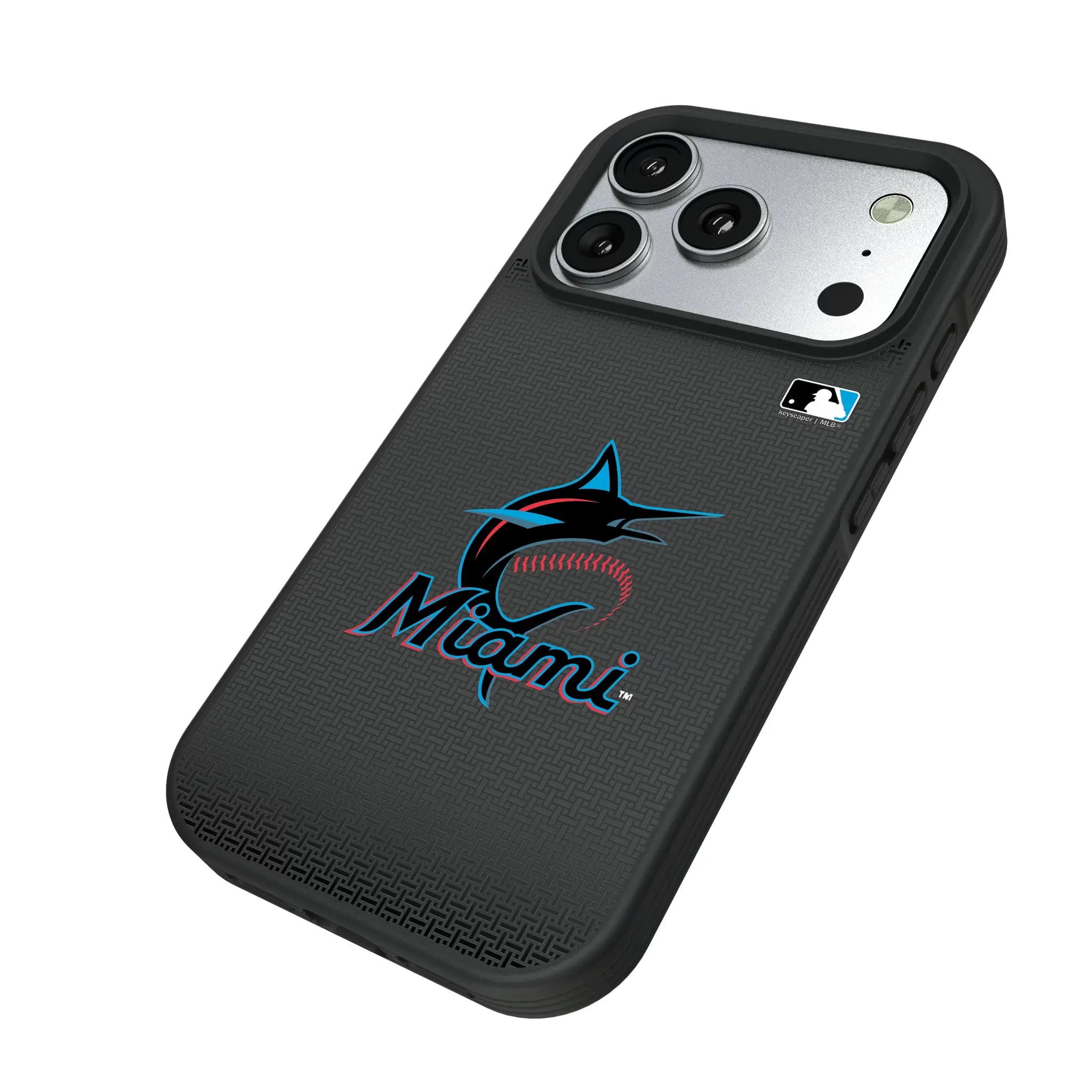 Miami Marlins Linen iPhone Bump Phone Case for Apple iPhone - Isometric View#Device_iPhone 17 Pro