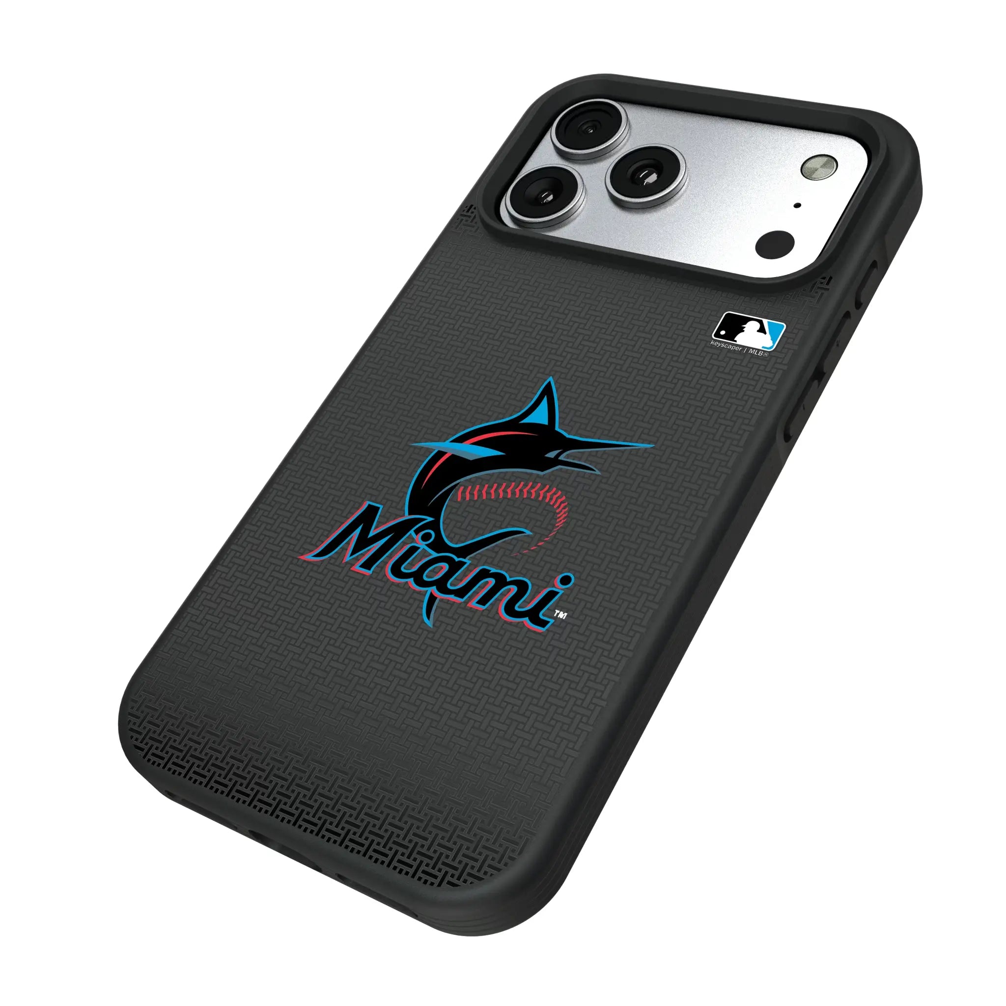 Miami Marlins Linen iPhone Bump Phone Case for Apple iPhone - Isometric View#Device_iPhone 17 Pro Max