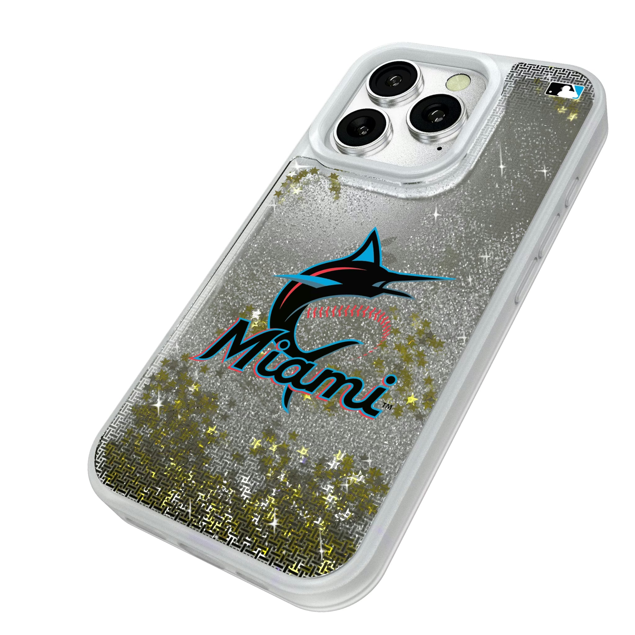 Miami Marlins Linen iPhone Glitter Phone Case for Apple iPhone - Isometric View#Device_iPhone 16 Pro