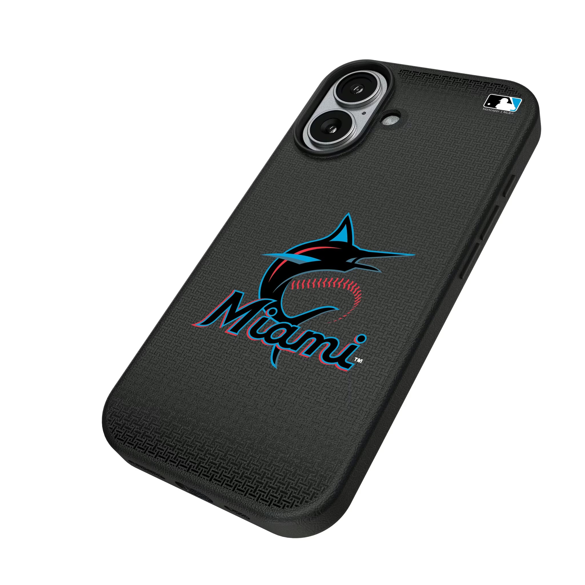 Miami Marlins Linen iPhone MagSafe Compatible Phone Case for Apple iPhone - Isometric View#Device_iPhone 17