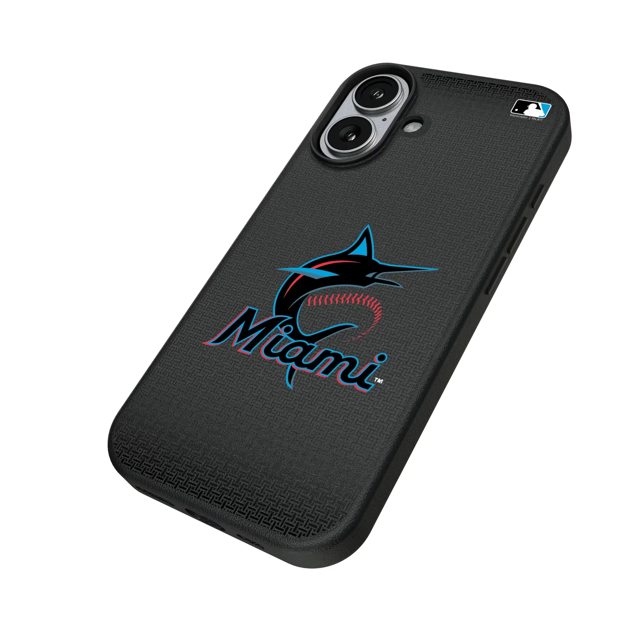 Miami Marlins Linen iPhone MagSafe Compatible Phone Case for Apple iPhone - Isometric View#Device_iPhone 17