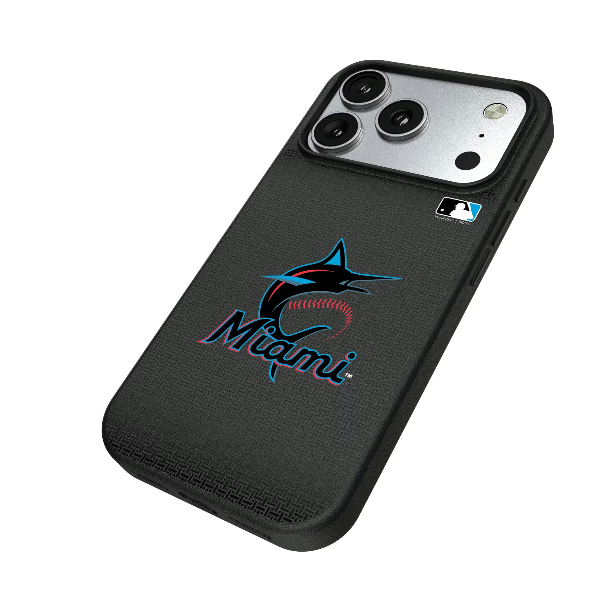 Miami Marlins Linen iPhone MagSafe Compatible Phone Case for Apple iPhone - Isometric View#Device_iPhone 17 Pro