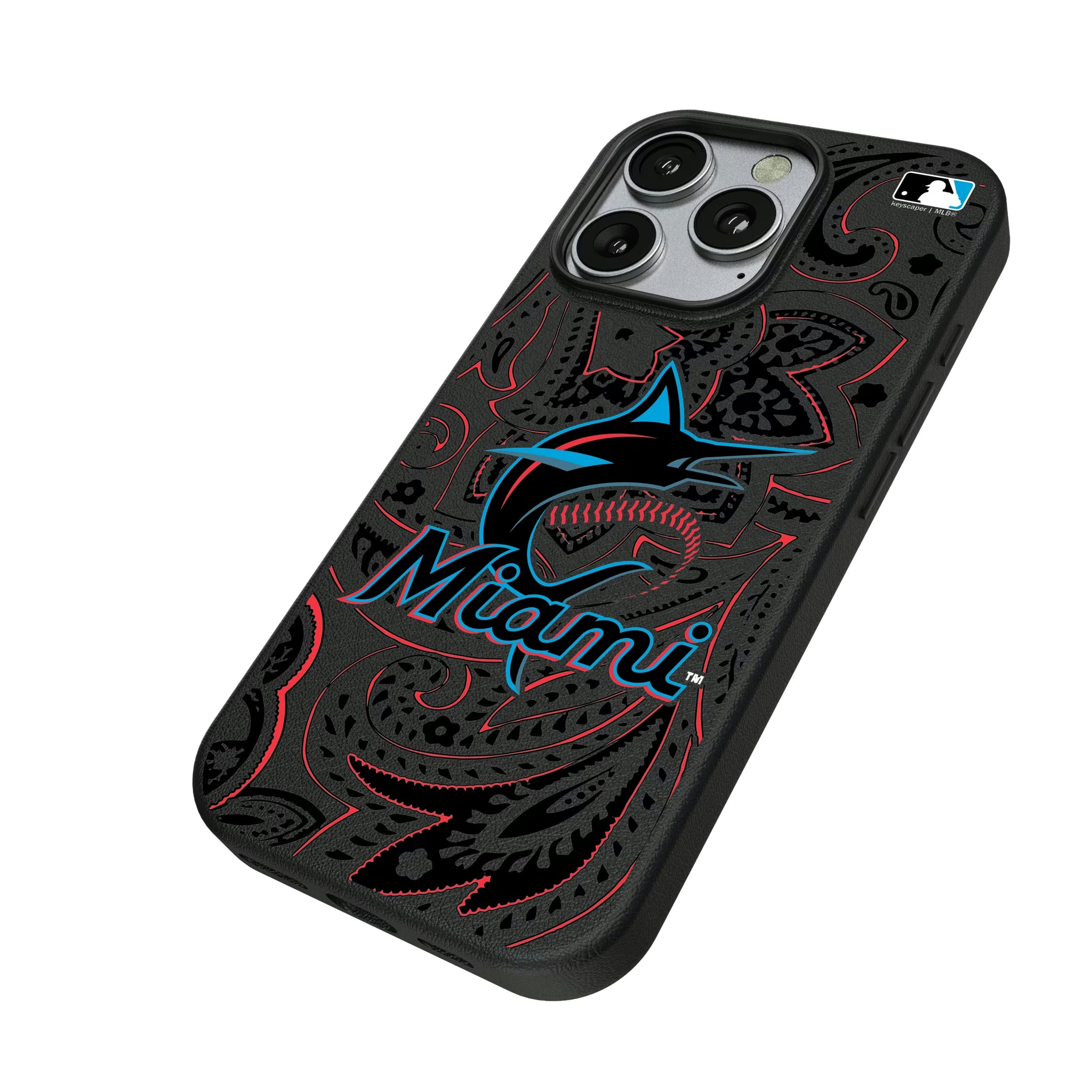 Miami Marlins Paisley iPhone MagSafe Compatible Phone Case for Apple iPhone - Isometric View