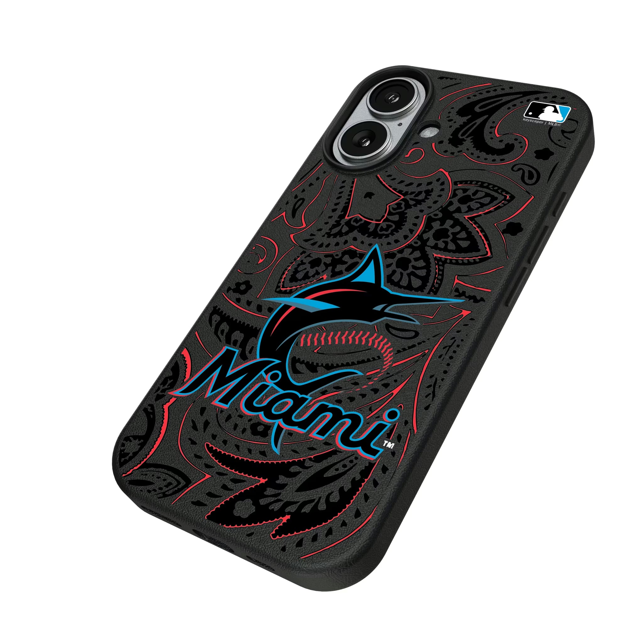 Miami Marlins Paisley iPhone MagSafe Compatible Phone Case for Apple iPhone - Isometric View#Device_iPhone 17