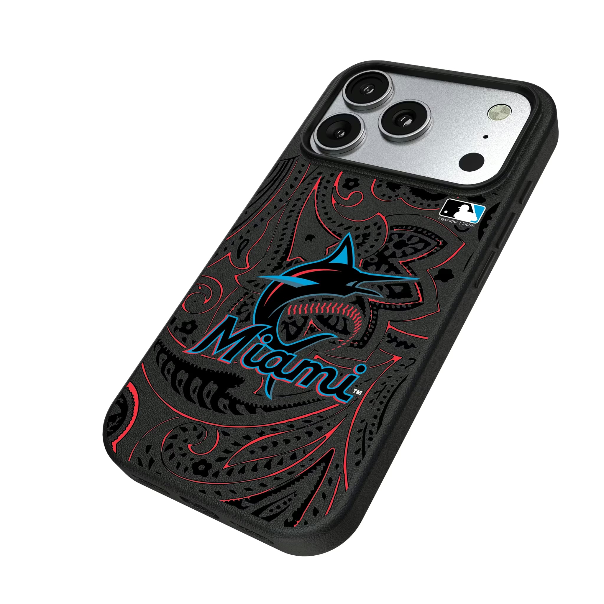 Miami Marlins Paisley iPhone MagSafe Compatible Phone Case for Apple iPhone - Isometric View#Device_iPhone 17 Pro