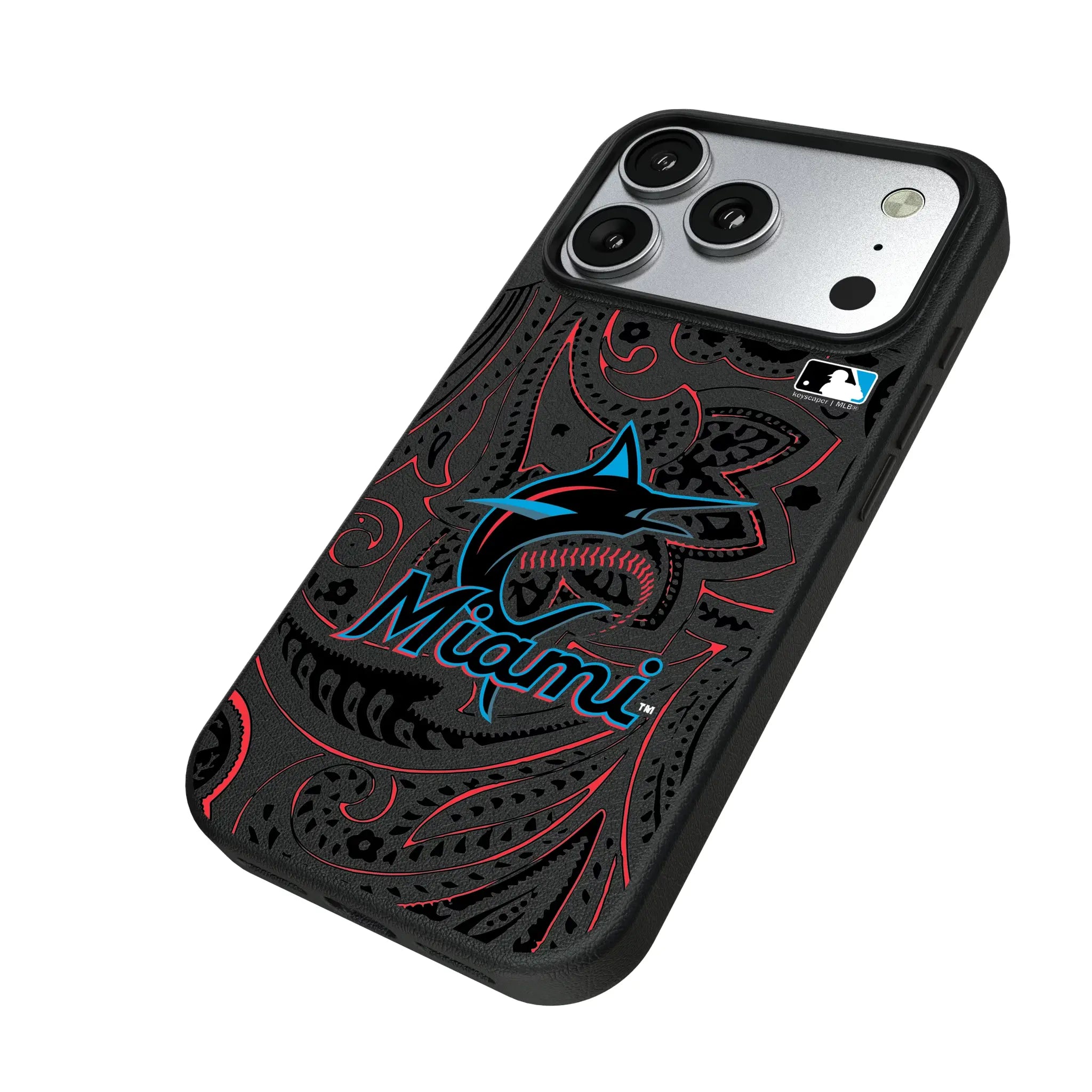 Miami Marlins Paisley iPhone MagSafe Compatible Phone Case for Apple iPhone - Isometric View#Device_iPhone 17 Pro