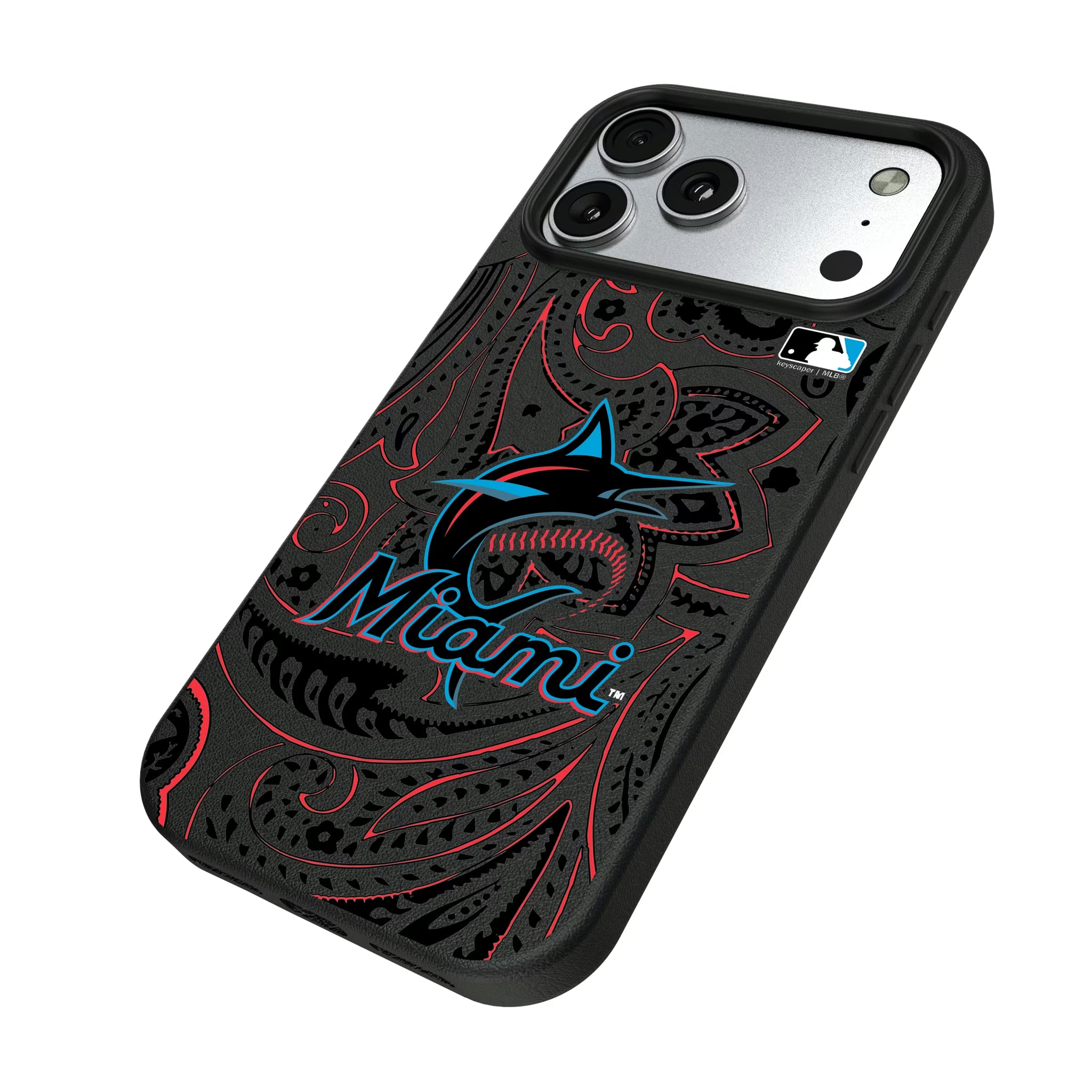 Miami Marlins Paisley iPhone MagSafe Compatible Phone Case for Apple iPhone - Isometric View#Device_iPhone 17 Pro Max