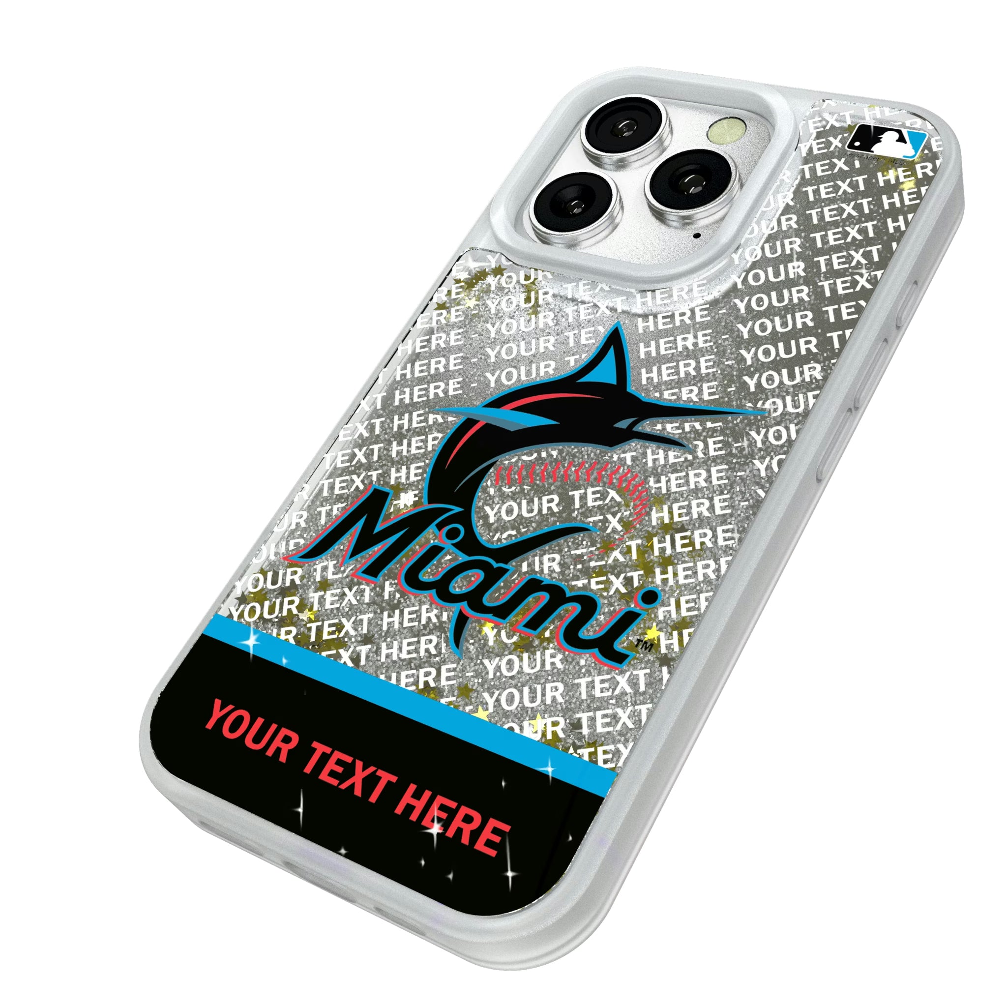 Miami Marlins Personalized EndZone Plus iPhone Glitter Phone Case for Apple iPhone - Isometric View#Device_iPhone 16 Pro