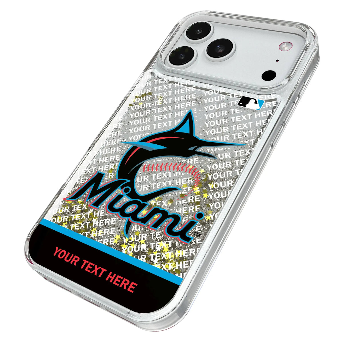 Miami Marlins Personalized EndZone Plus iPhone Glitter Phone Case for Apple iPhone - Isometric View#Device_iPhone 18 Pro Max