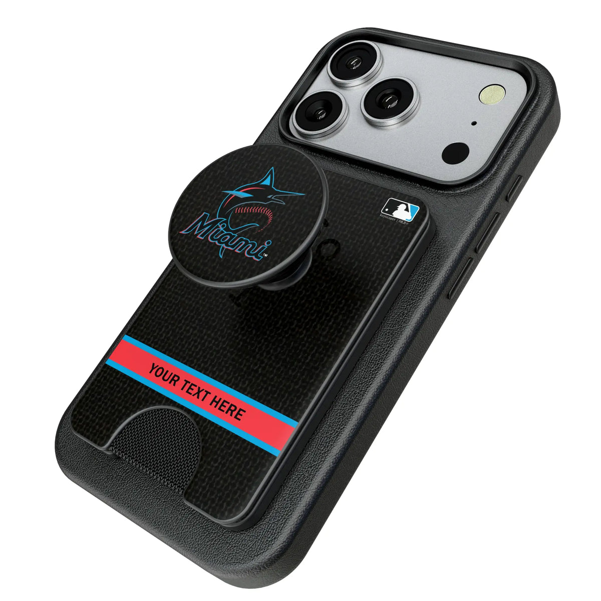 Miami Marlins Personalized Endzone Solid Popsockets Wallet Magnetic - Isometric View