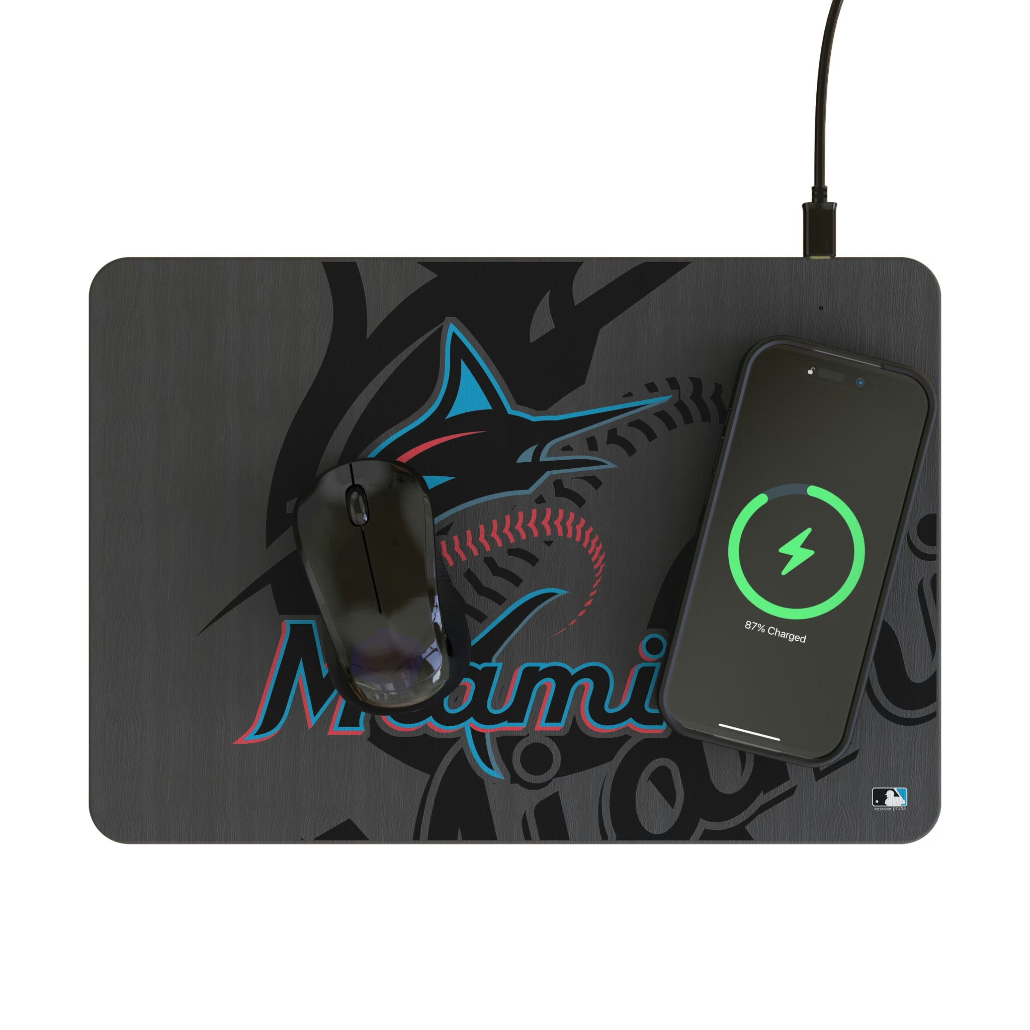 Miami Marlins Personalized Tilt 15-Watt Wireless Charger and Mouse Pad - Lifestyle