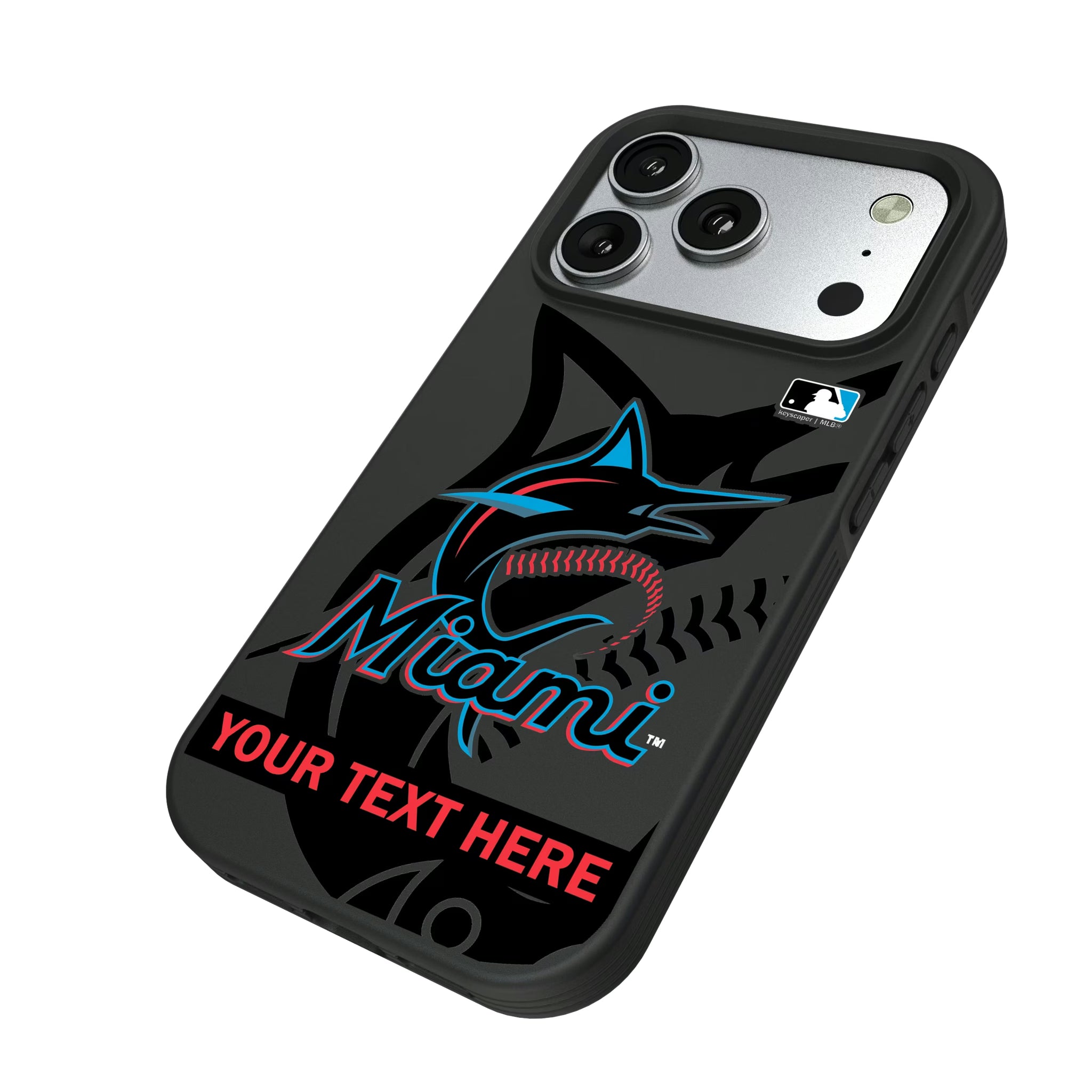 Miami Marlins Personalized Tilt iPhone Bump Phone Case for Apple iPhone - Isometric View#Device_iPhone 17 Pro