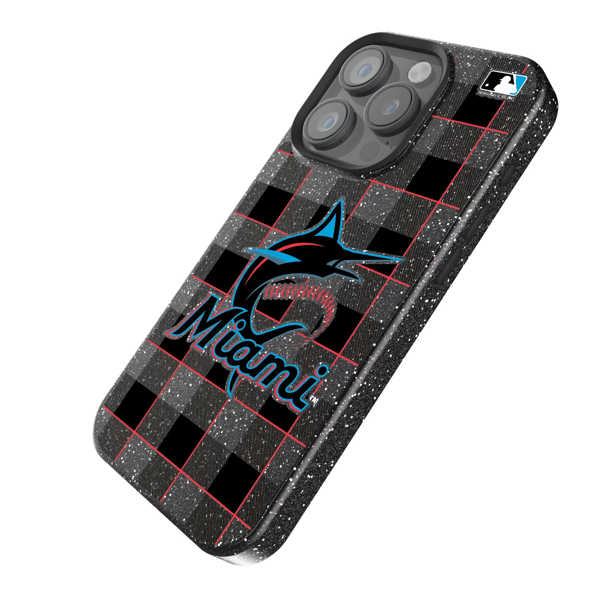 Miami Marlins Plaid iPhone Bling Phone Case for Apple iPhone - Isometric View