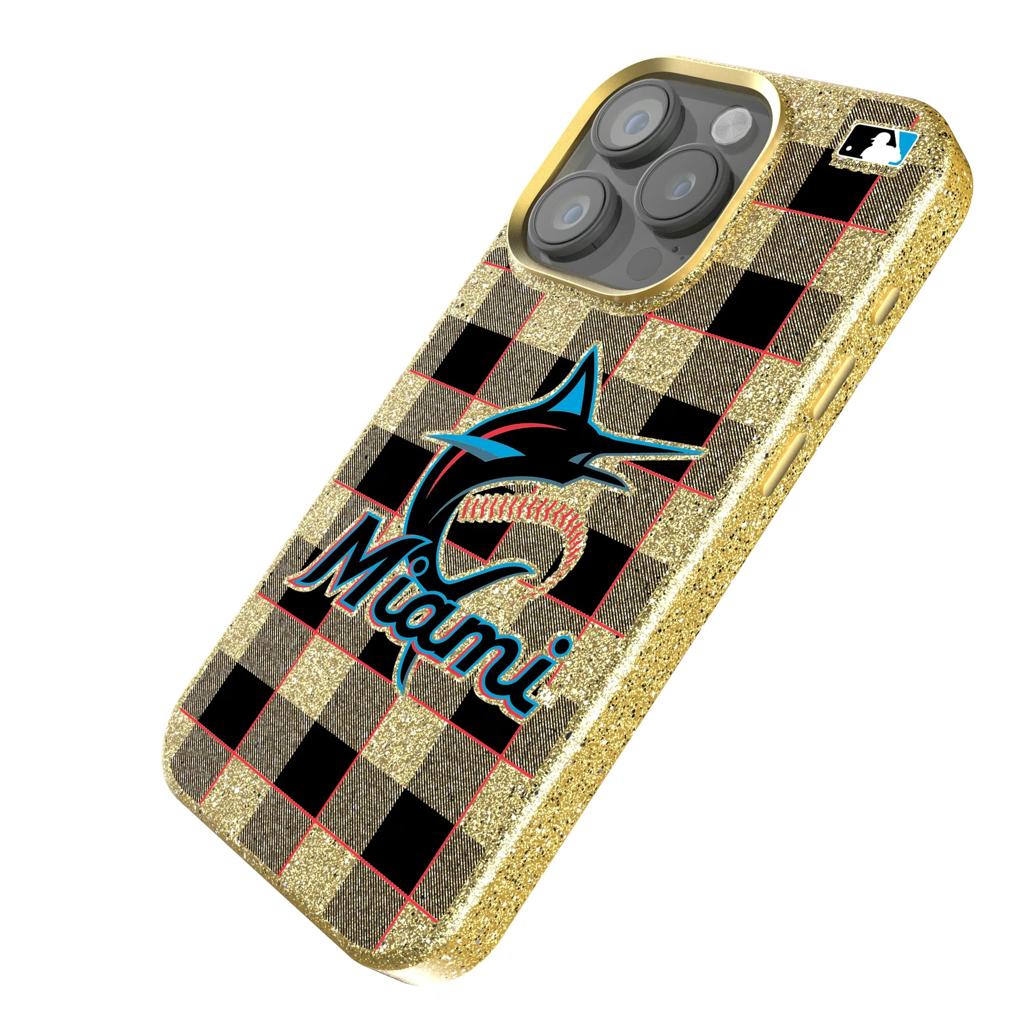 Miami Marlins Plaid iPhone Bling Phone Case for Apple iPhone - Isometric View