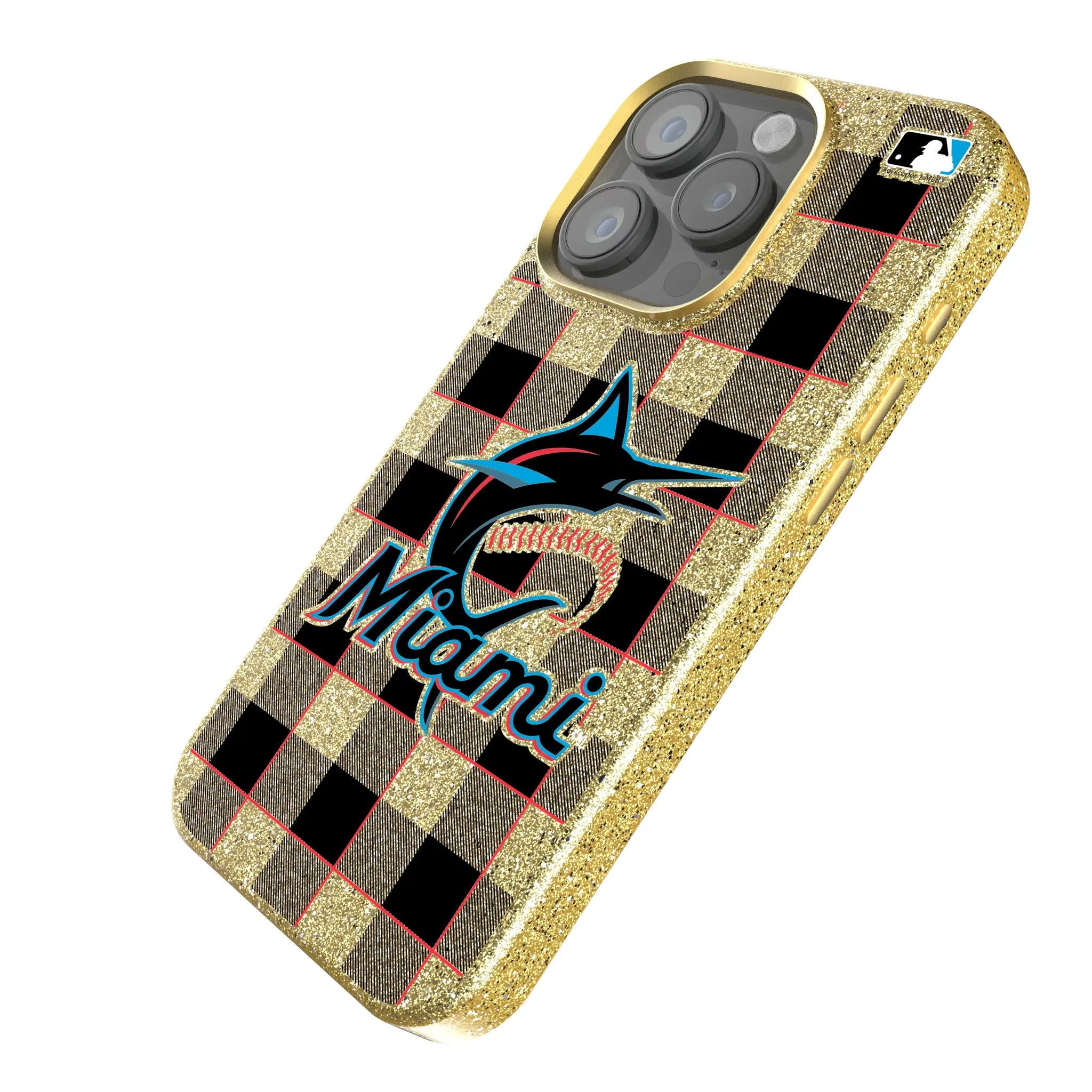 Miami Marlins Plaid iPhone Bling Phone Case for Apple iPhone - Isometric View