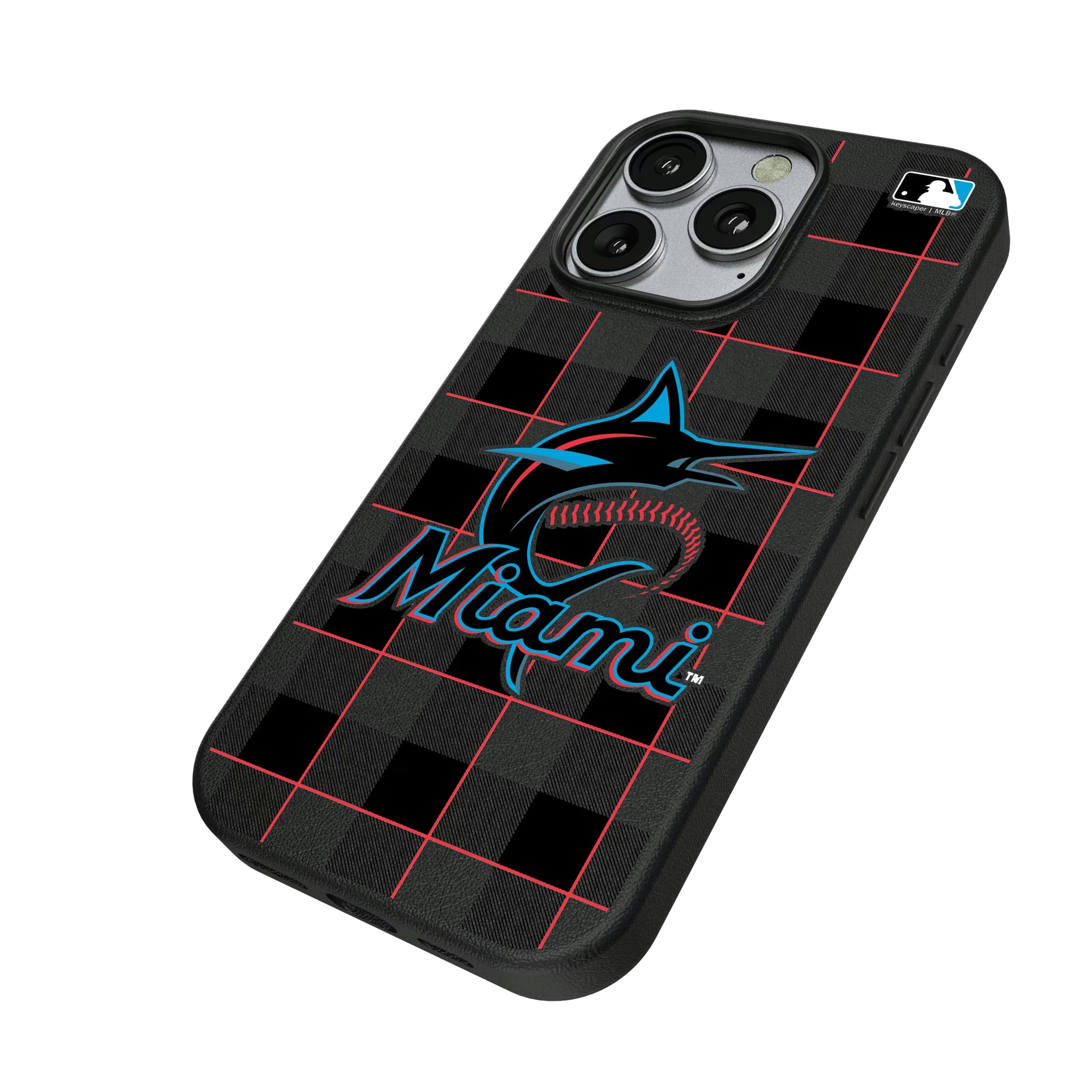 Miami Marlins Plaid iPhone MagSafe Compatible Phone Case for Apple iPhone - Isometric View