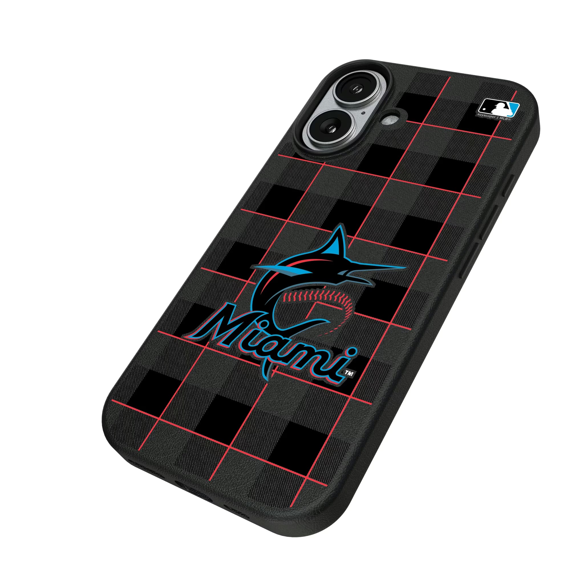 Miami Marlins Plaid iPhone MagSafe Compatible Phone Case for Apple iPhone - Isometric View#Device_iPhone 17
