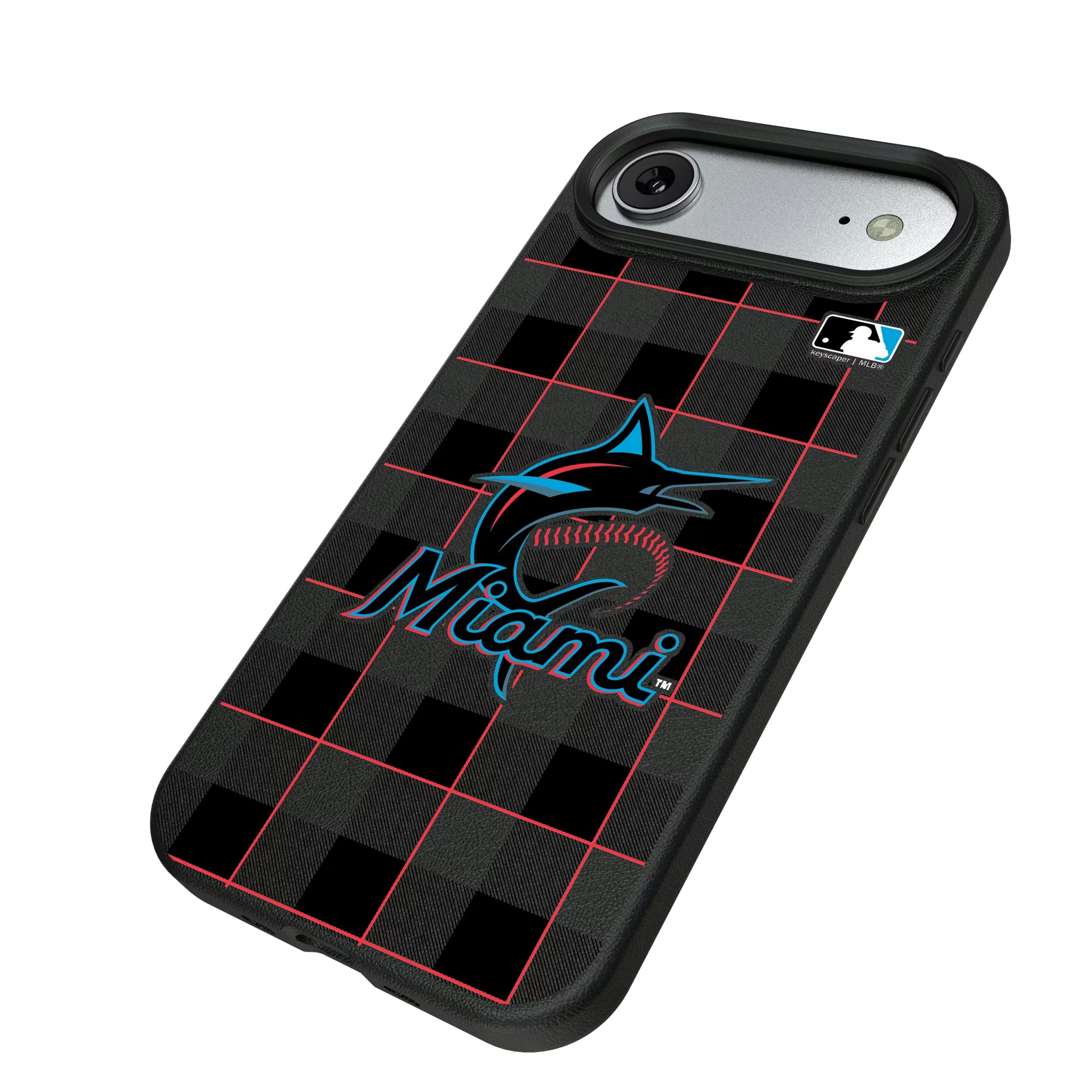Miami Marlins Plaid iPhone MagSafe Compatible Phone Case for Apple iPhone - Isometric View#Device_iPhone Air