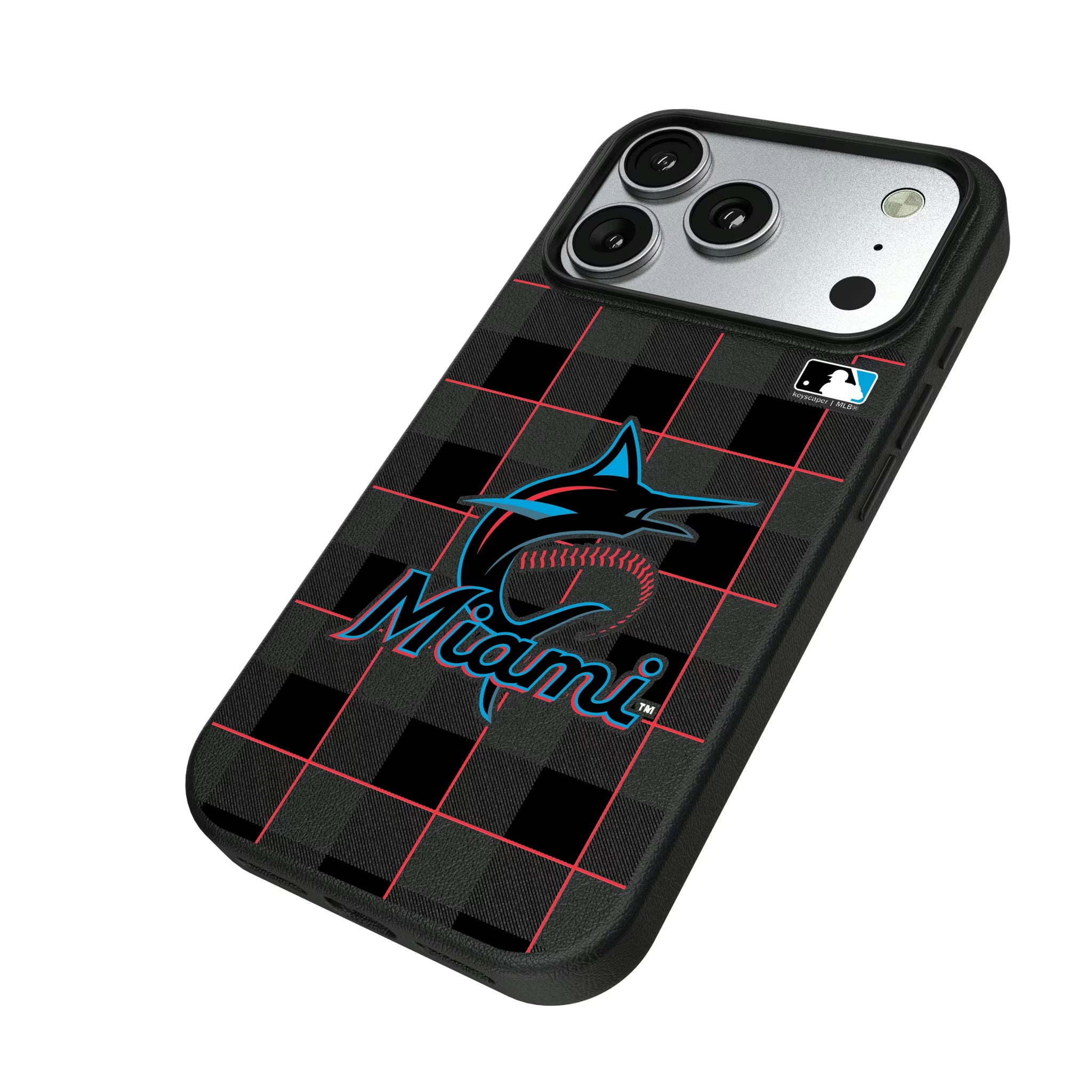 Miami Marlins Plaid iPhone MagSafe Compatible Phone Case for Apple iPhone - Isometric View#Device_iPhone 17 Pro