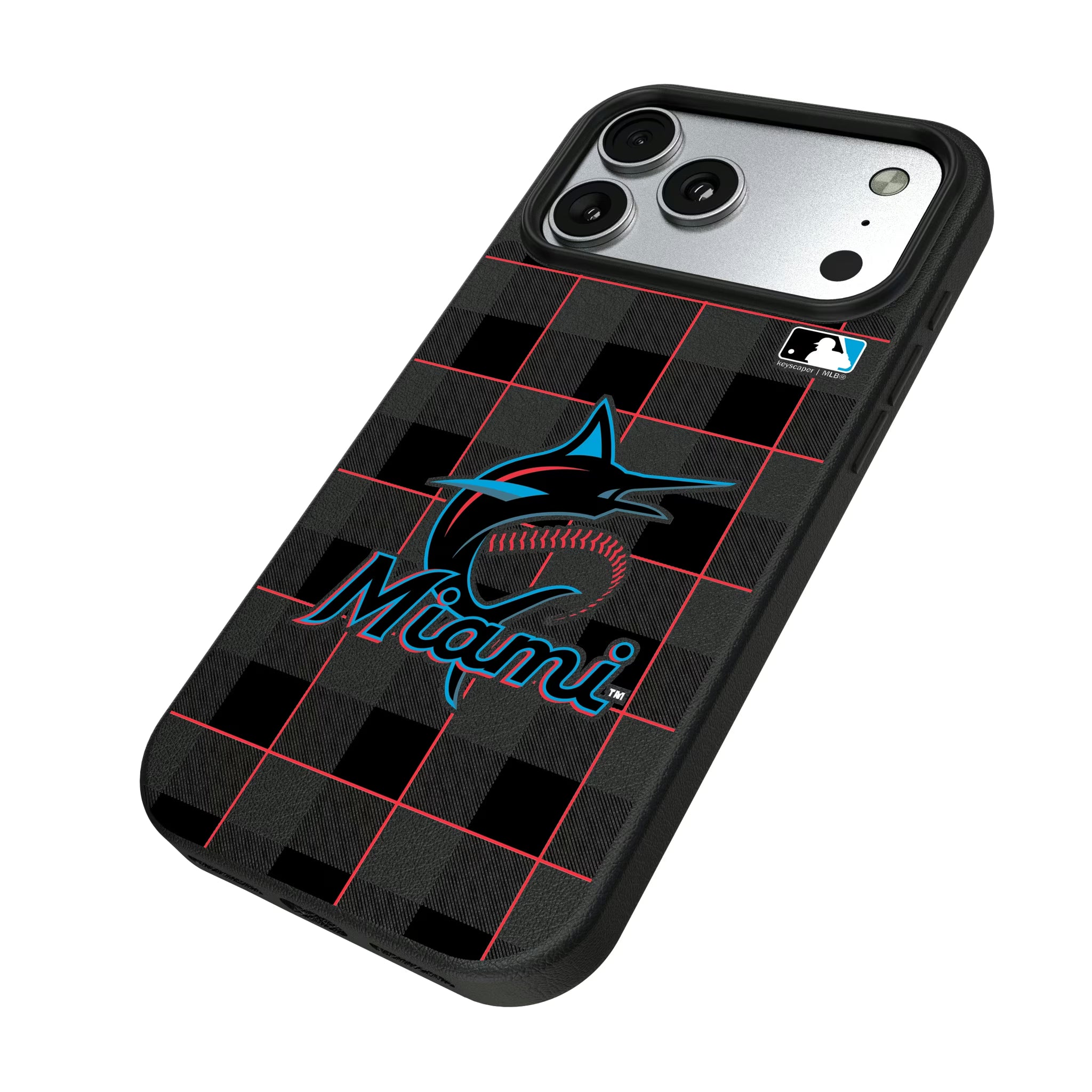 Miami Marlins Plaid iPhone MagSafe Compatible Phone Case for Apple iPhone - Isometric View#Device_iPhone 17 Pro Max