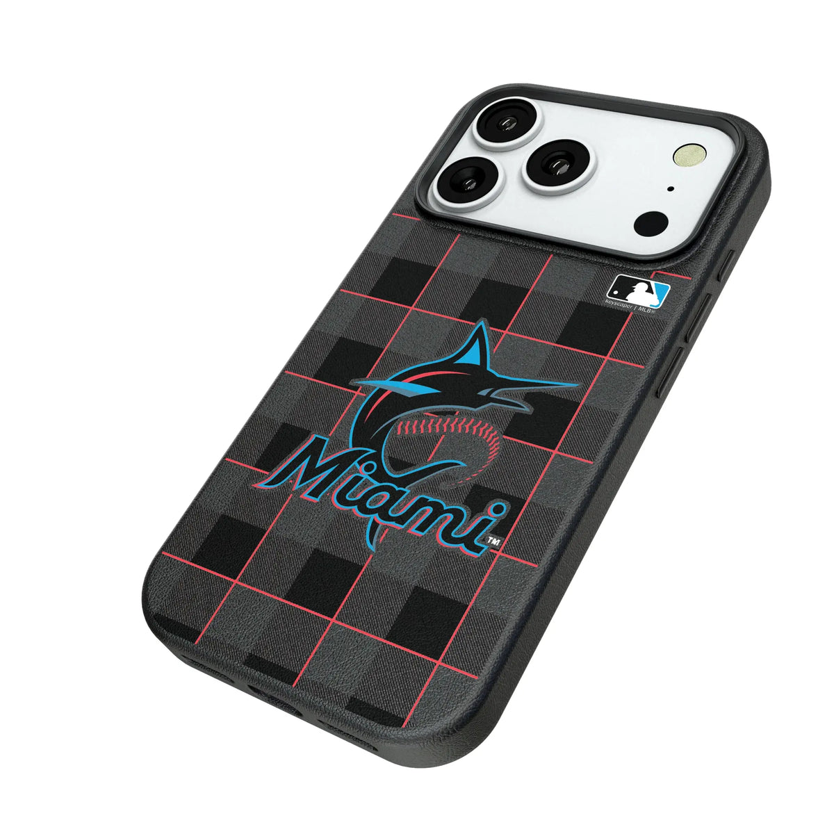 Miami Marlins Plaid iPhone MagSafe Compatible Phone Case for Apple iPhone - Isometric View#Device_iPhone 18 Pro