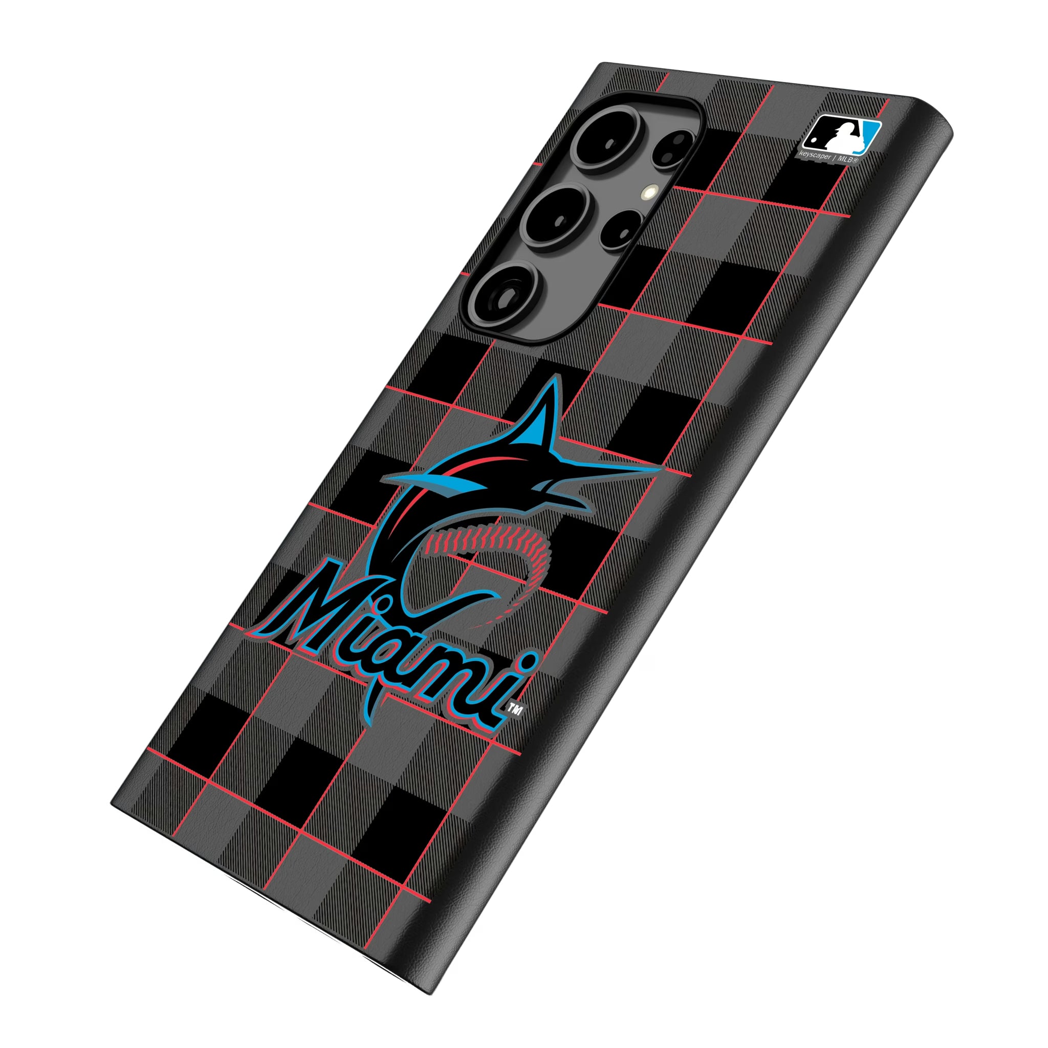 Miami Marlins Plaid Galaxy MagSafe Compatible Phone Case for Samsung Galaxy - Isometric View
