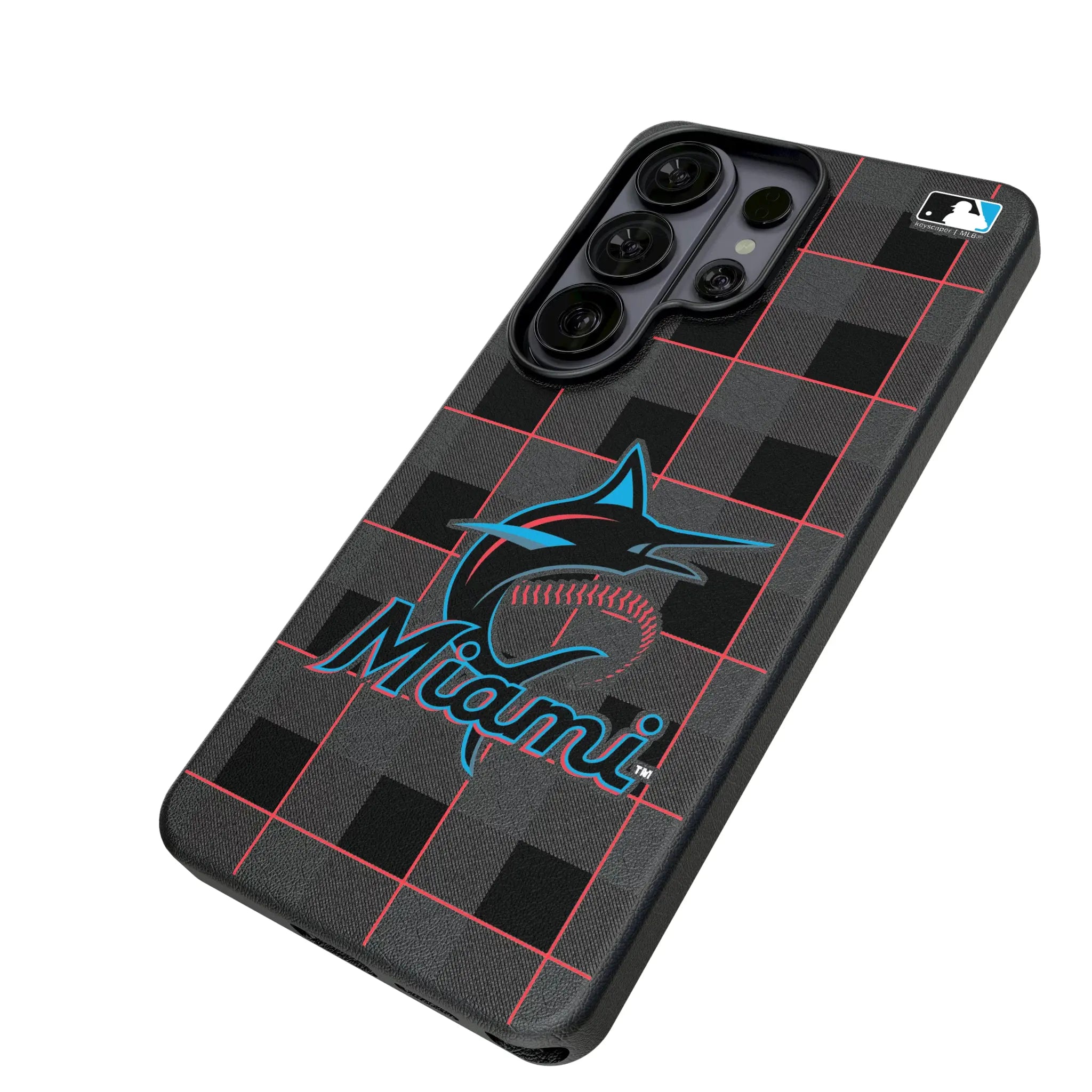 Miami Marlins Plaid Galaxy MagSafe Compatible Phone Case for Samsung Galaxy - Isometric View#Device_Galaxy S26 Ultra