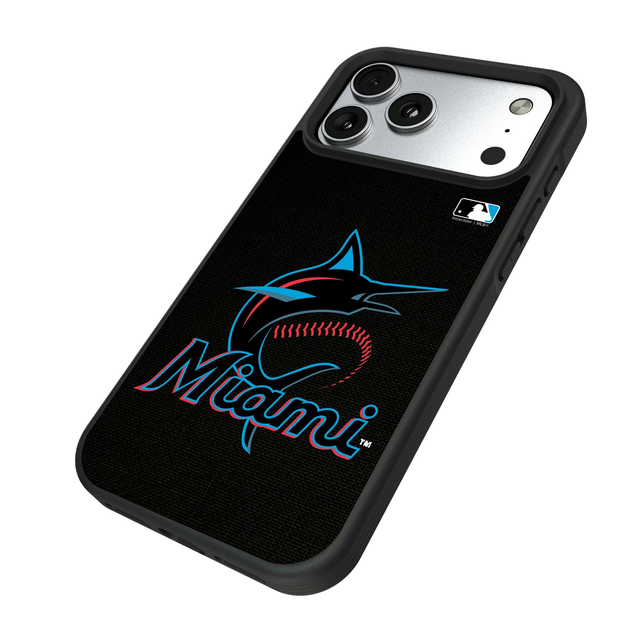 Miami Marlins Solid iPhone Bump Phone Case for Apple iPhone - Isometric View#Device_iPhone 17 Pro Max