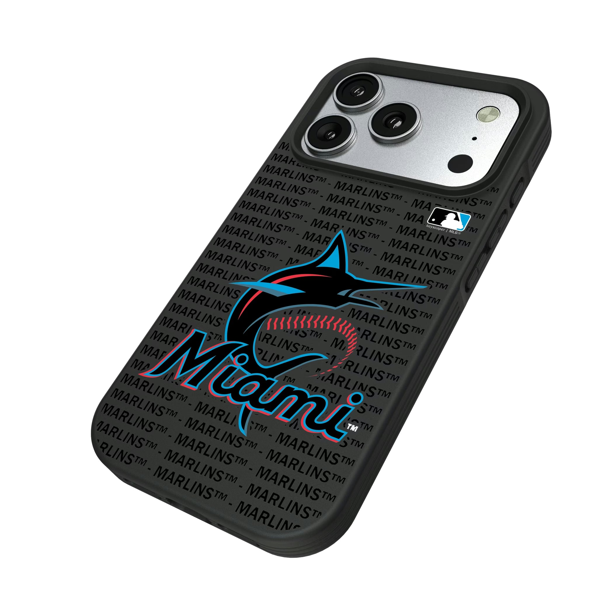 Miami Marlins Text Backdrop iPhone Bump Phone Case for Apple iPhone - Isometric View#Device_iPhone 17 Pro
