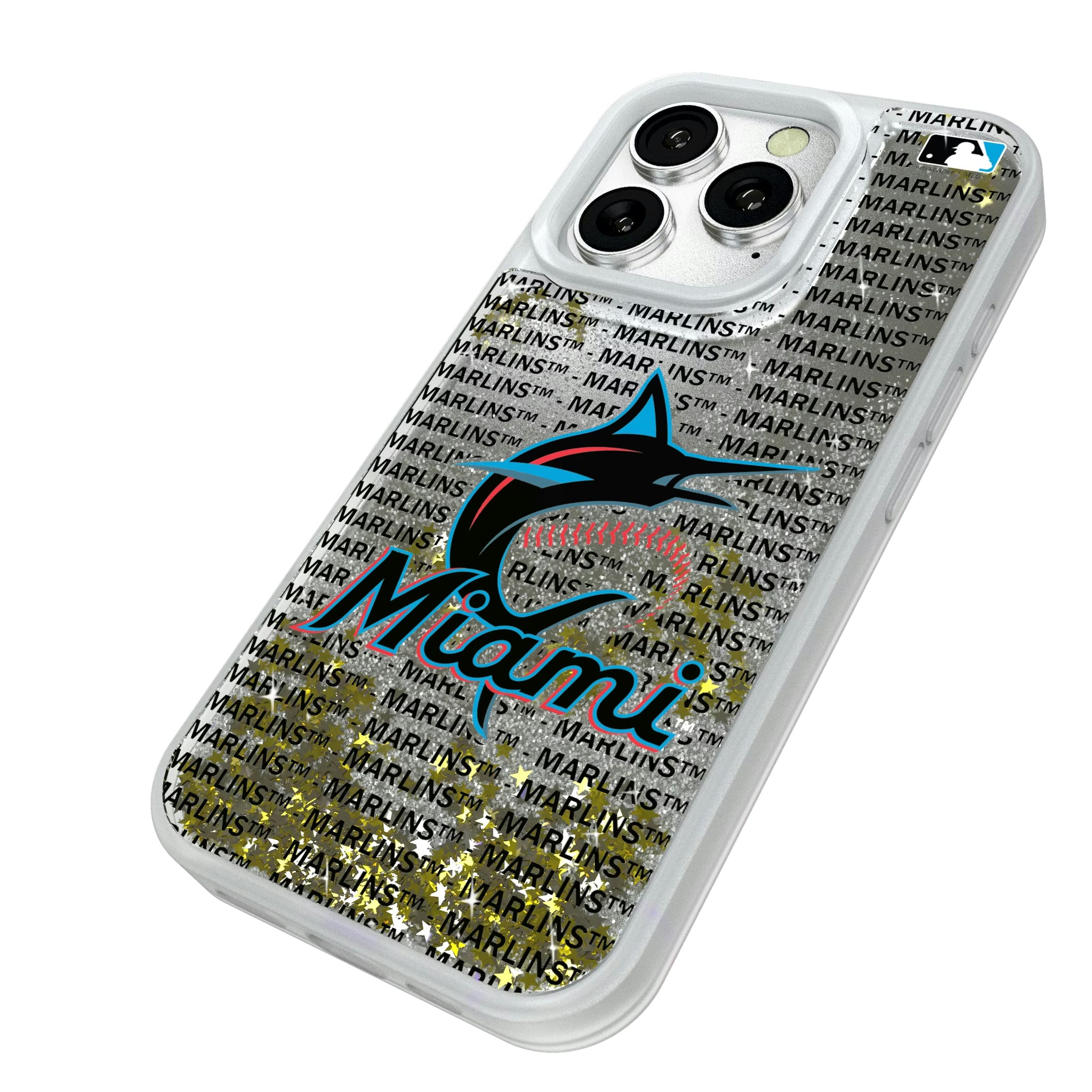 Miami Marlins Text Backdrop iPhone Glitter Phone Case for Apple iPhone - Isometric View#Device_iPhone 16 Pro