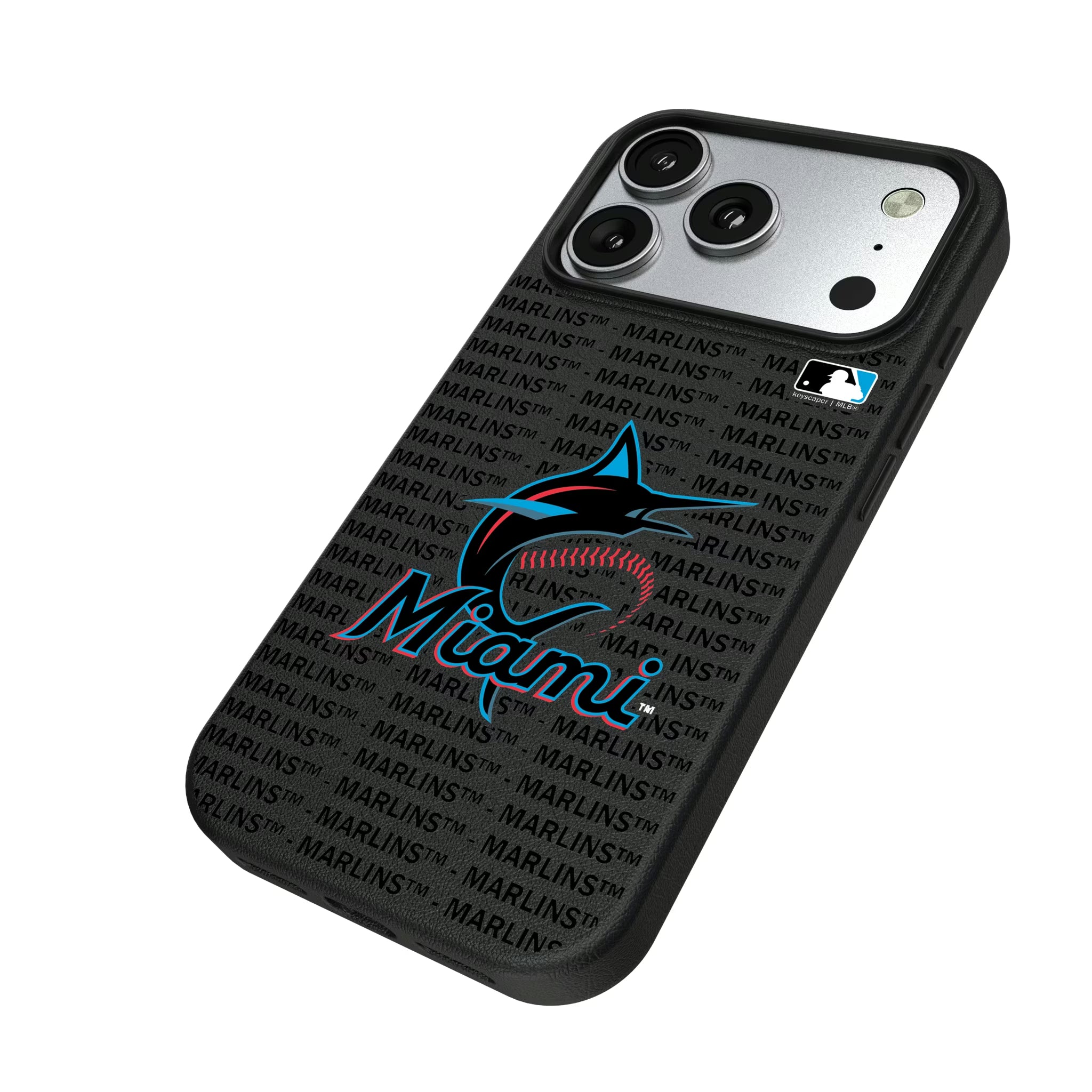 Miami Marlins Text Backdrop iPhone MagSafe Compatible Phone Case for Apple iPhone - Isometric View#Device_iPhone 17 Pro