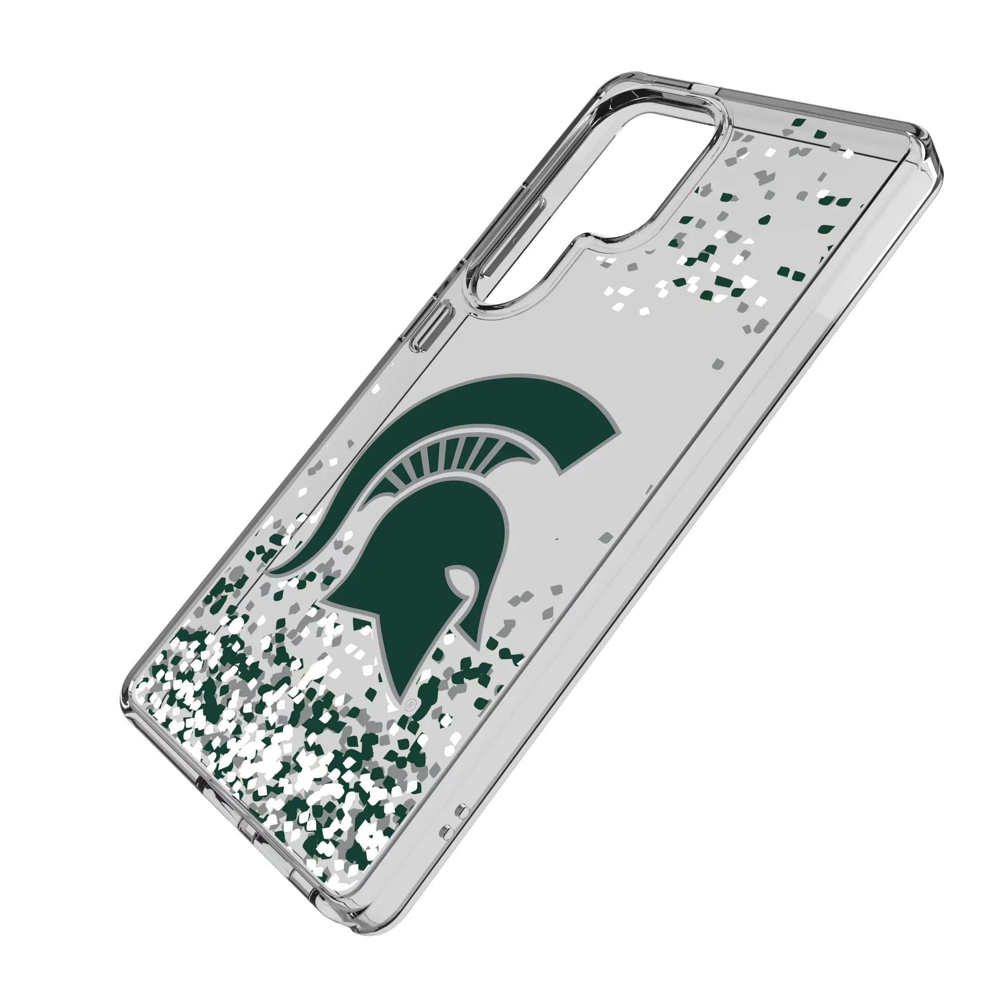 Michigan State University Spartans Confetti Galaxy Clear Phone Case for Samsung Galaxy - Isometric View#Device_Galaxy S25 Ultra