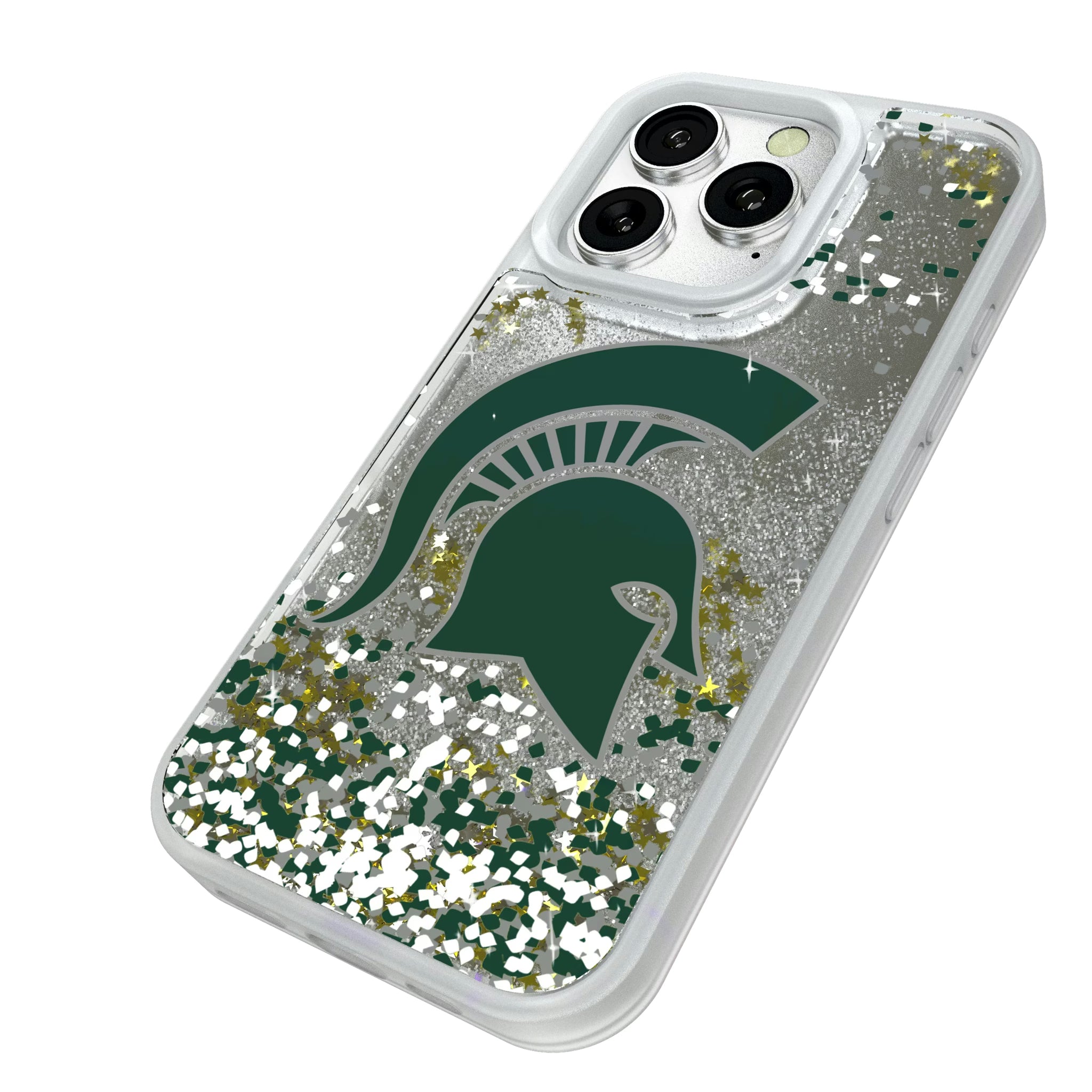 Michigan State University Spartans Confetti iPhone Glitter Phone Case for Apple iPhone - Isometric View#Device_iPhone 16 Pro