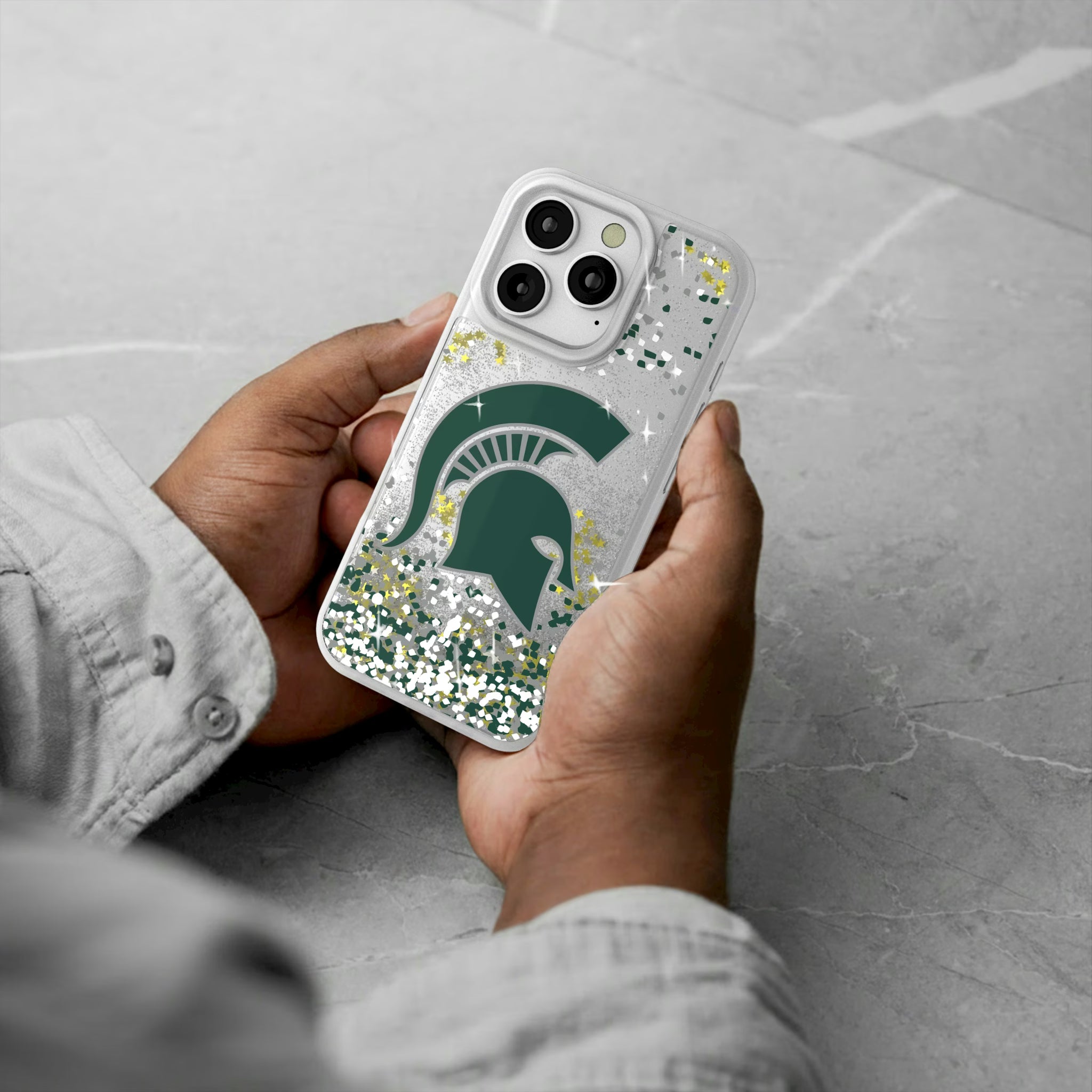 Michigan State University Spartans Confetti iPhone Glitter Phone Case for Apple iPhone - Lifestyle#Device_iPhone 16 Pro