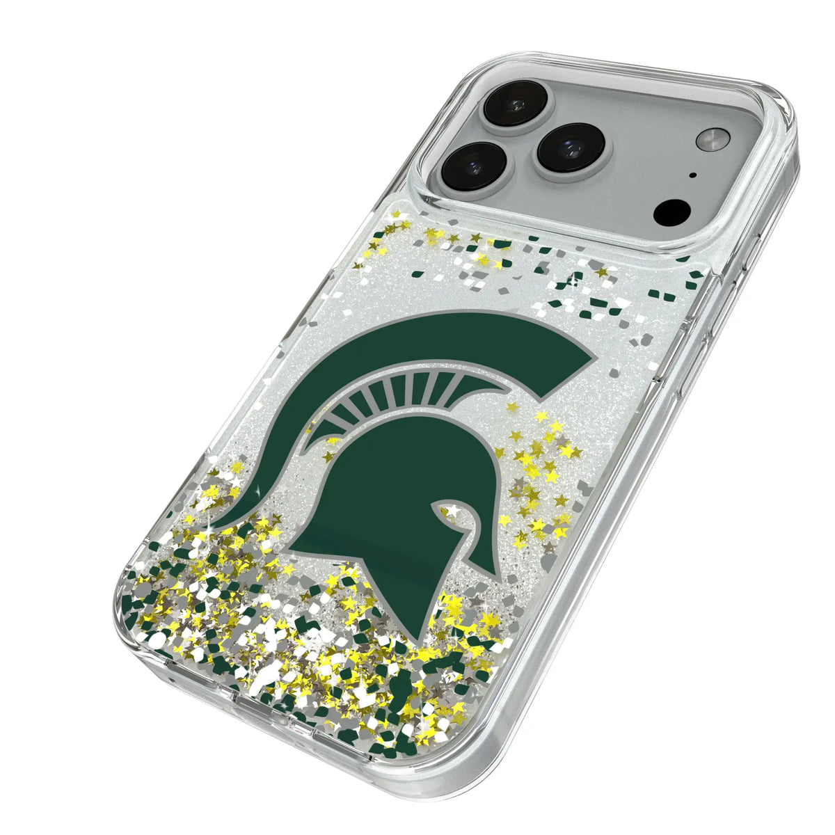 Michigan State University Spartans Confetti iPhone Glitter Phone Case for Apple iPhone - Isometric View#Device_iPhone 18 Pro