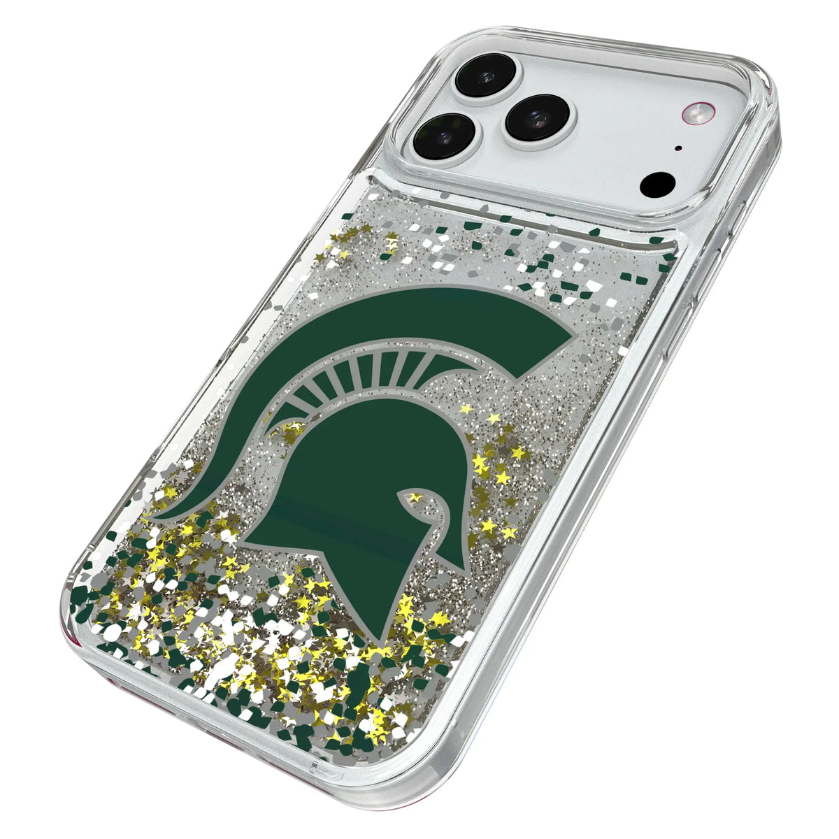 Michigan State University Spartans Confetti iPhone Glitter Phone Case for Apple iPhone - Isometric View#Device_iPhone 18 Pro Max