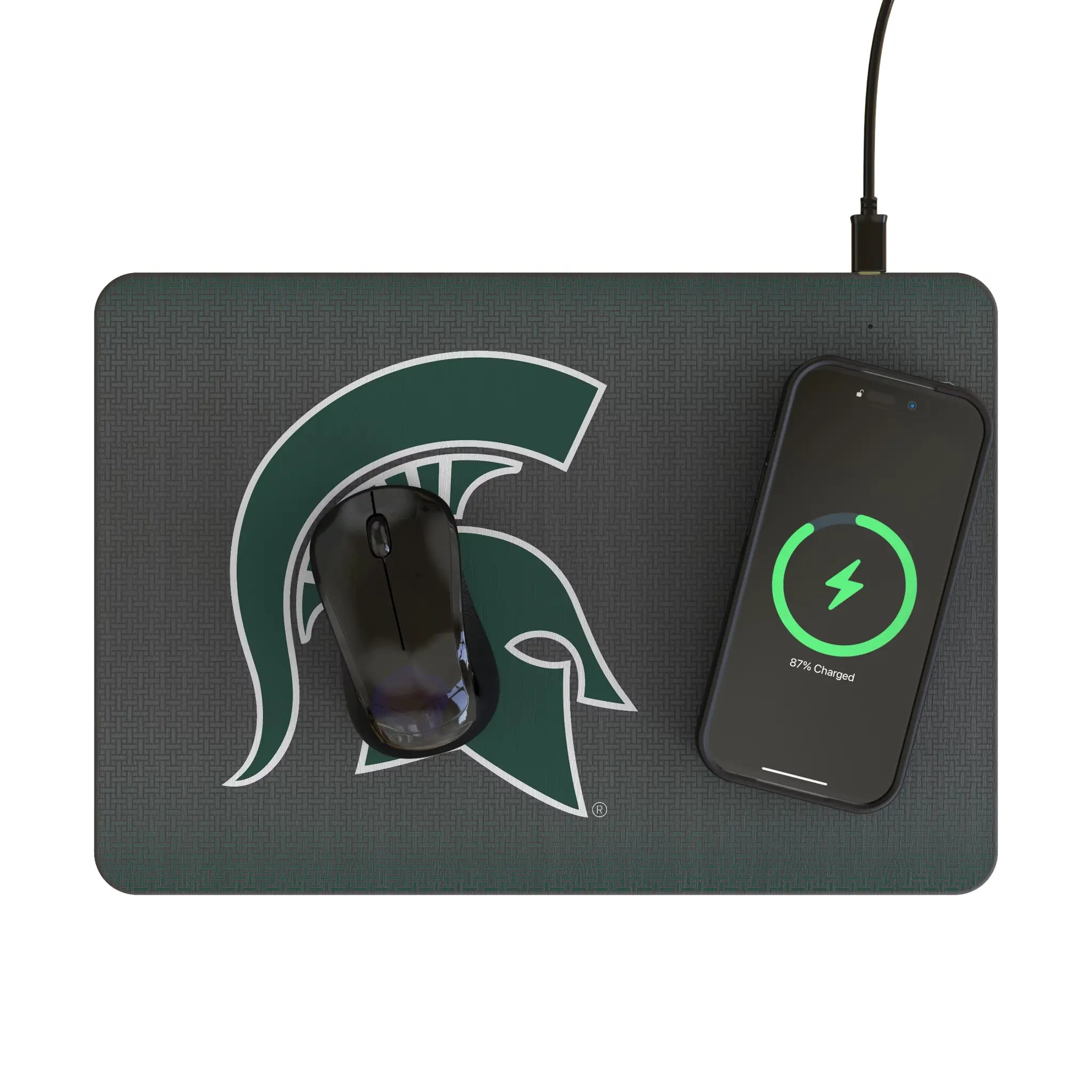 Michigan State University Spartans Linen 15-Watt Wireless Charger and Mouse Pad - Lifestyle