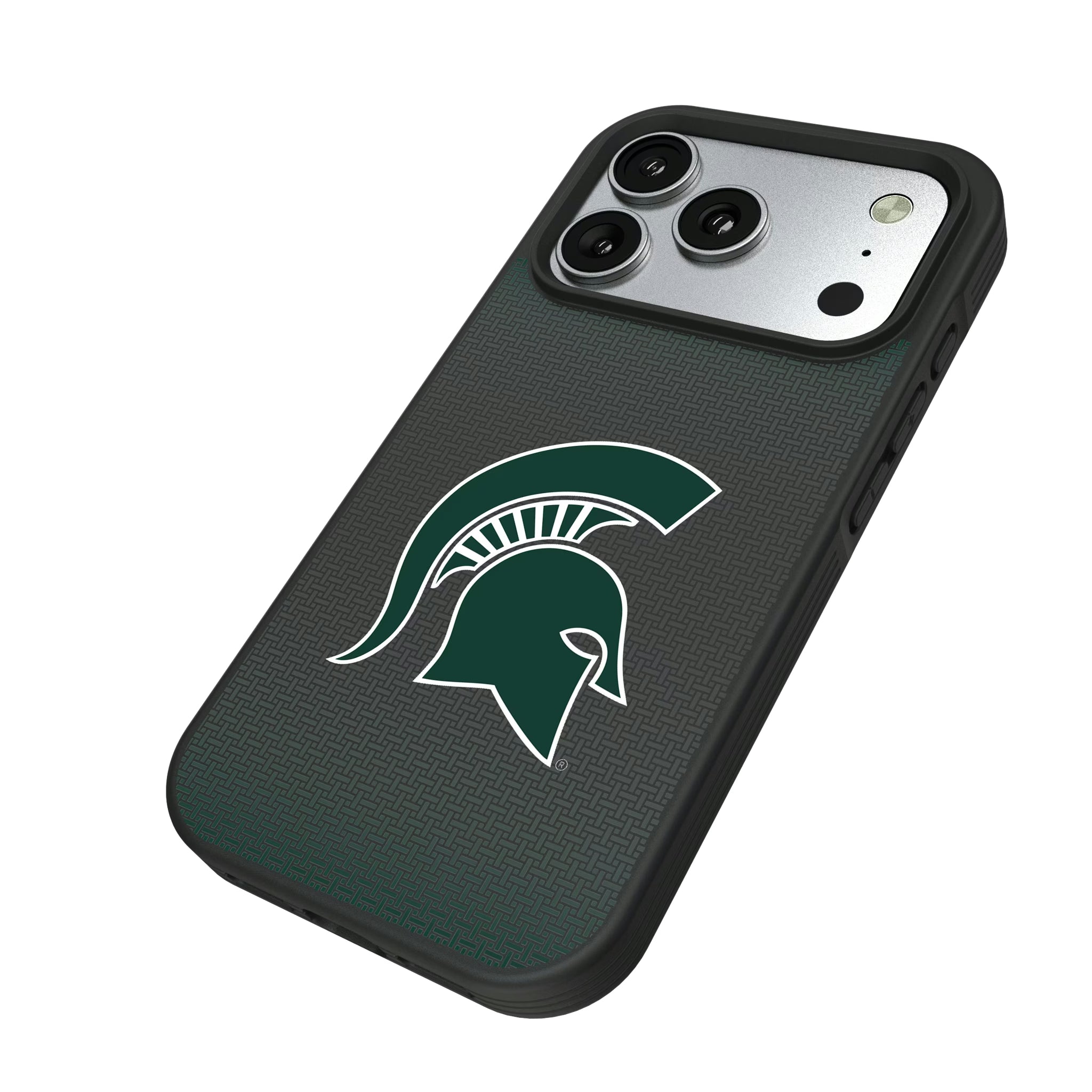 Michigan State University Spartans Linen iPhone Bump Phone Case for Apple iPhone - Isometric View#Device_iPhone 17 Pro
