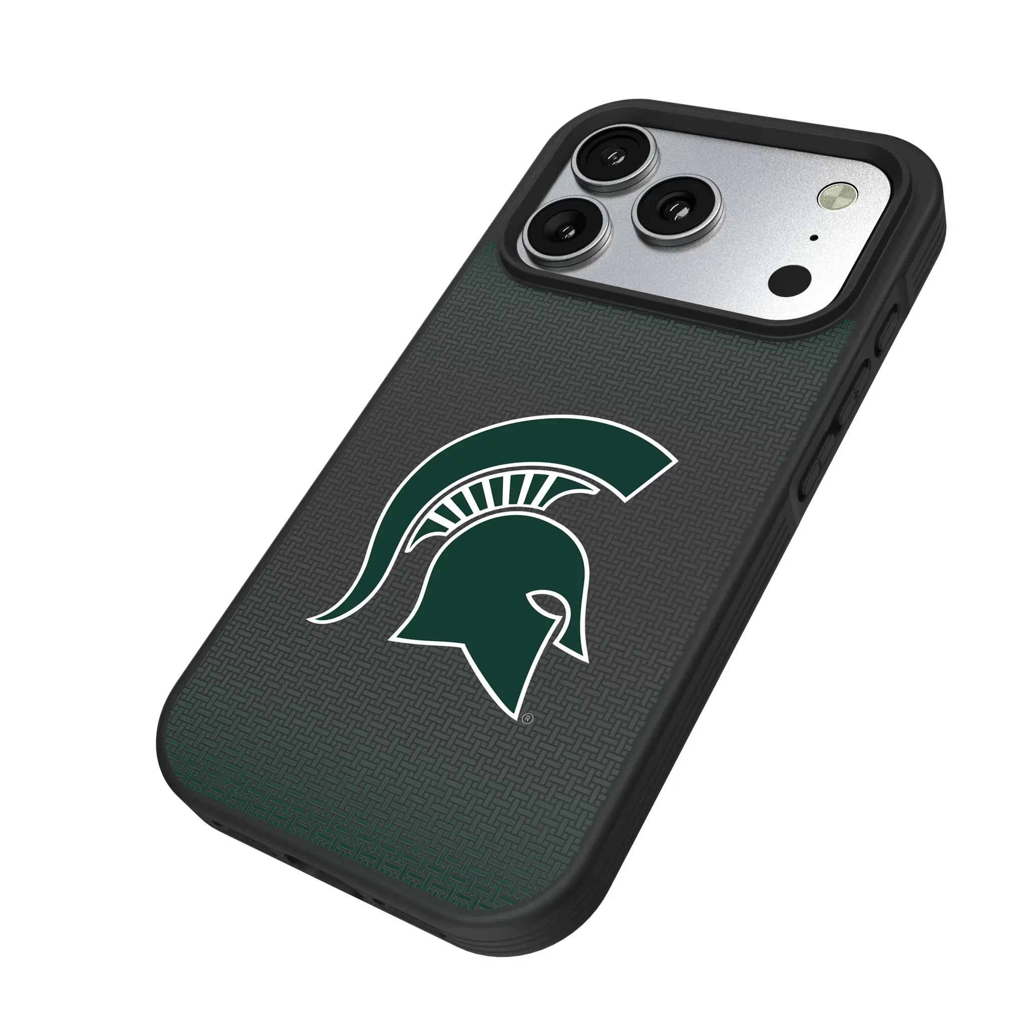 Michigan State University Spartans Linen iPhone Bump Phone Case for Apple iPhone - Isometric View#Device_iPhone 17 Pro
