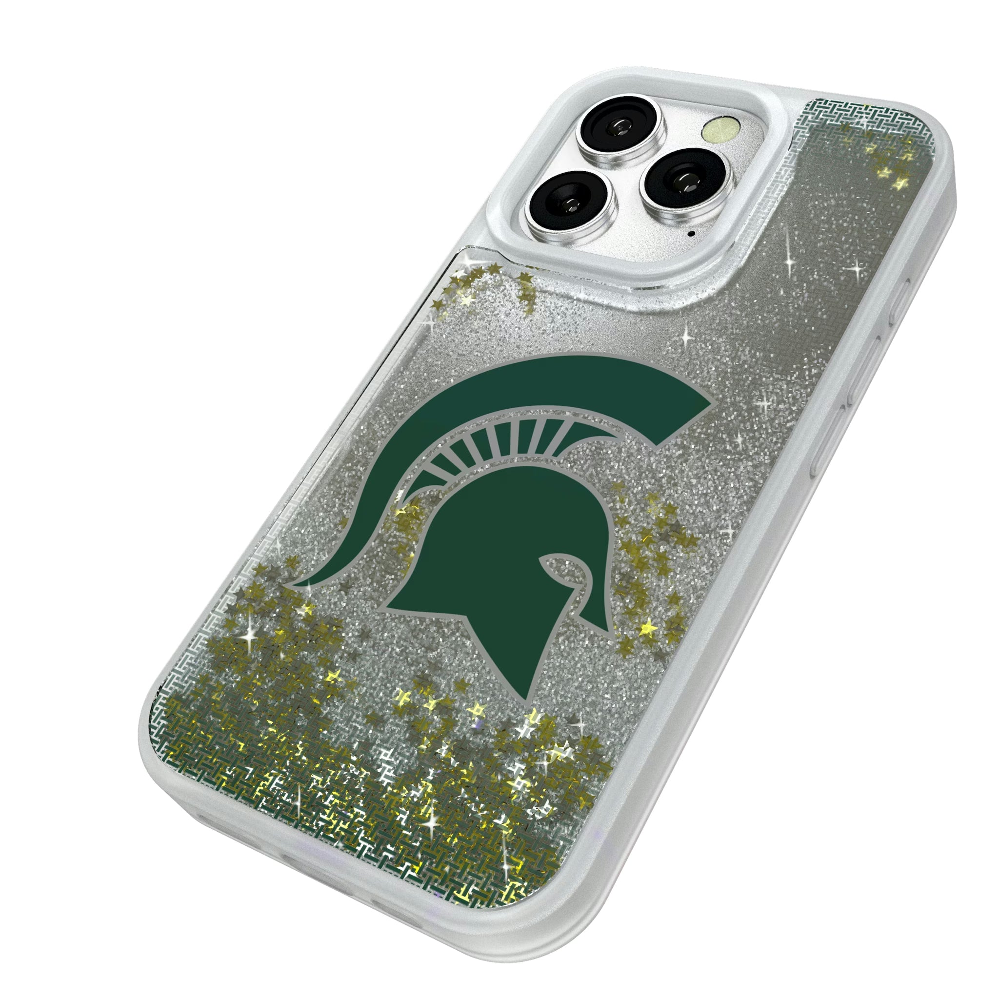 Michigan State University Spartans Linen iPhone Glitter Phone Case for Apple iPhone - Isometric View#Device_iPhone 16 Pro