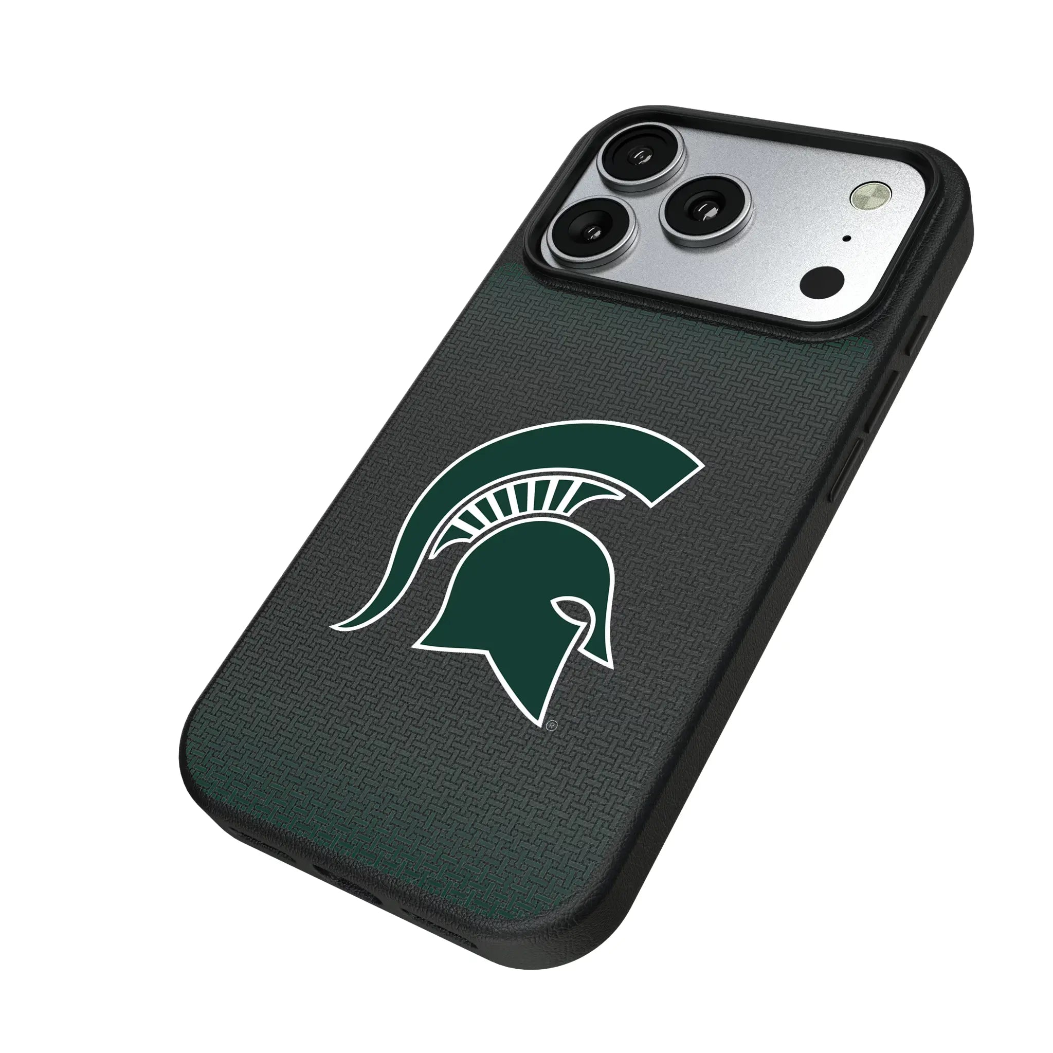 Michigan State University Spartans Linen iPhone MagSafe Compatible Phone Case for Apple iPhone - Isometric View#Device_iPhone 17 Pro