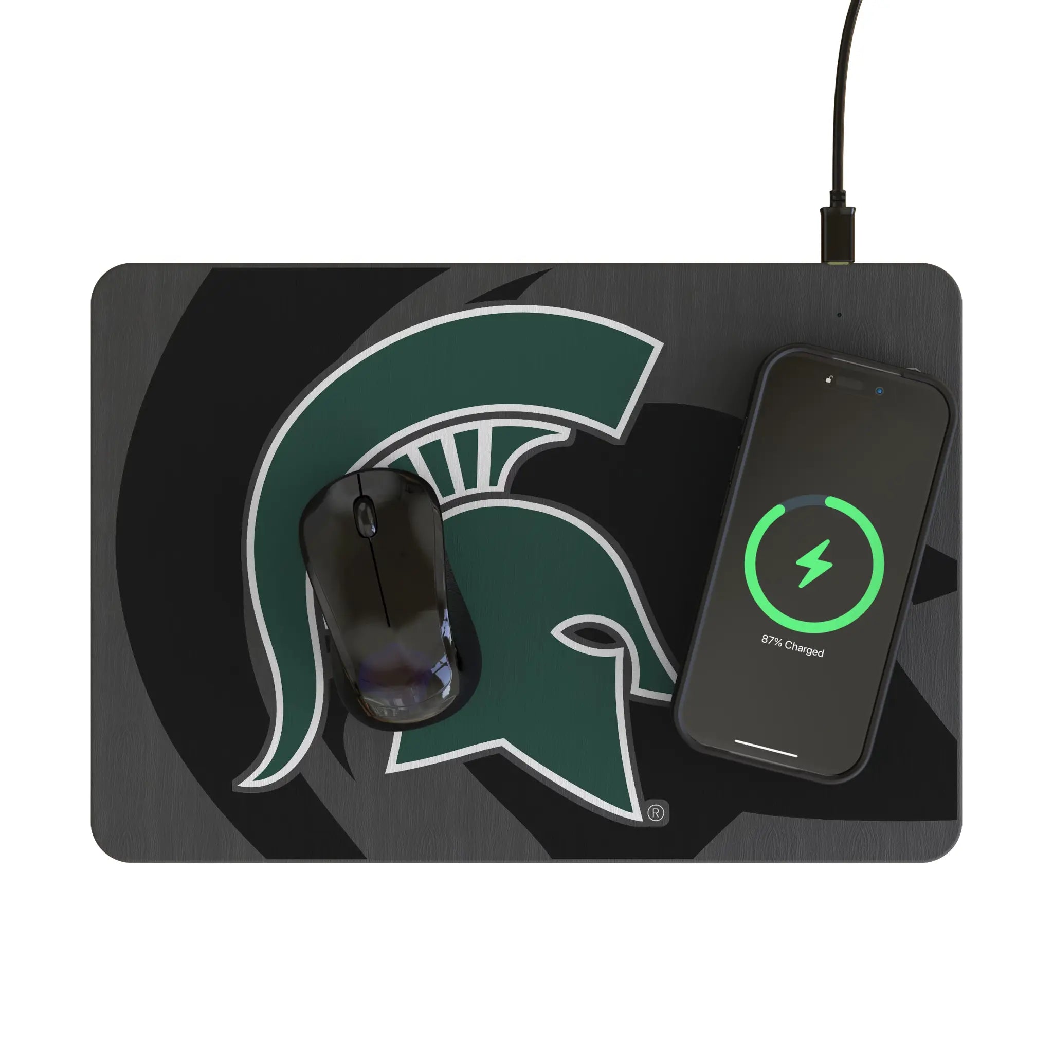 Michigan State University Spartans Monocolor Tilt 15-Watt Wireless Charger and Mouse Pad - Lifestyle