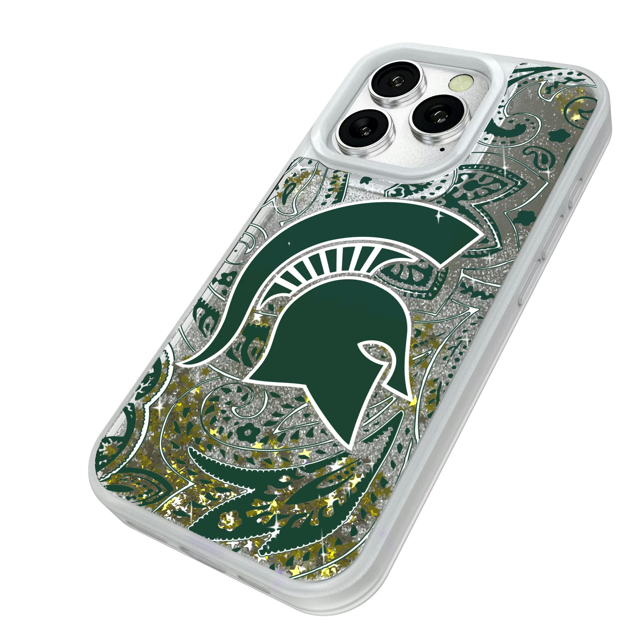 Michigan State University Spartans Paisley iPhone Glitter Phone Case for Apple iPhone - Isometric View#Device_iPhone 16 Pro