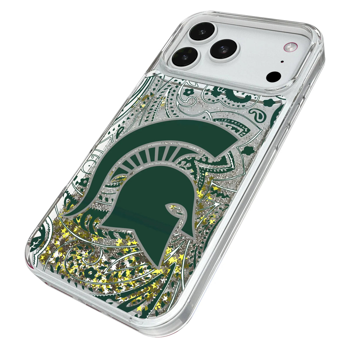 Michigan State University Spartans Paisley iPhone Glitter Phone Case for Apple iPhone - Isometric View#Device_iPhone 18 Pro Max