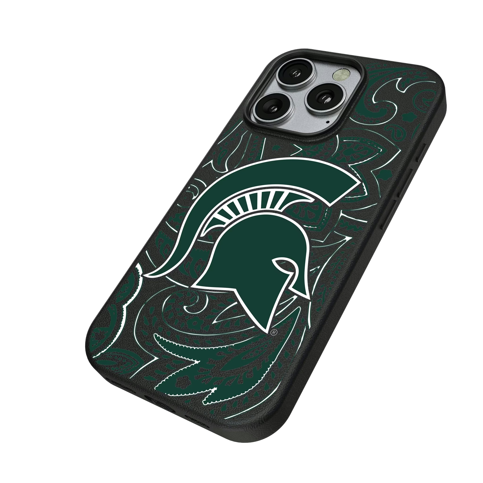 Michigan State University Spartans Paisley iPhone MagSafe Compatible Phone Case for Apple iPhone - Isometric View