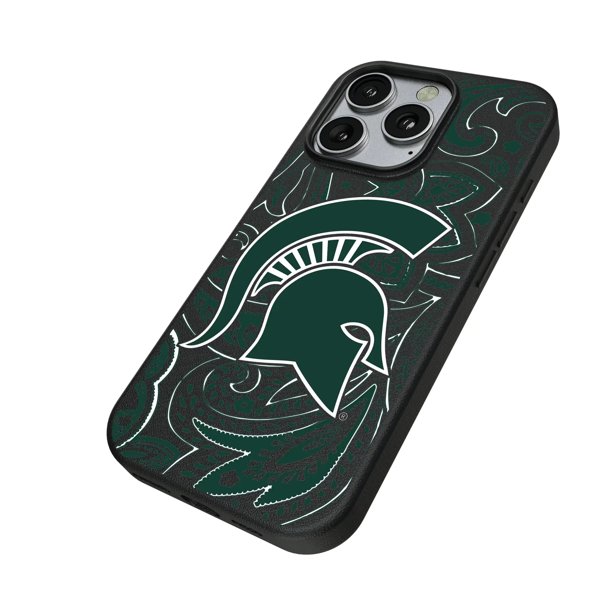 Michigan State University Spartans Paisley iPhone MagSafe Compatible Phone Case for Apple iPhone - Isometric View