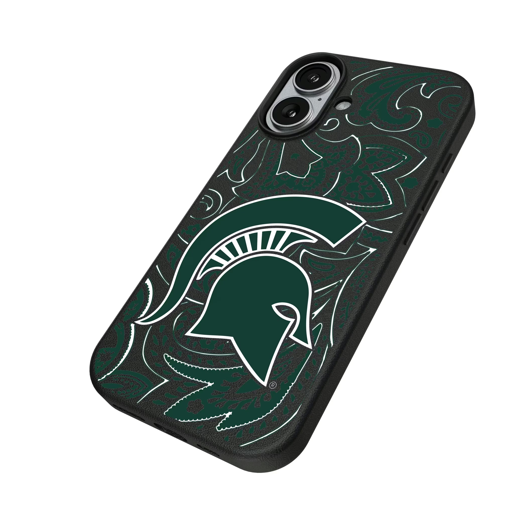 Michigan State University Spartans Paisley iPhone MagSafe Compatible Phone Case for Apple iPhone - Isometric View#Device_iPhone 17