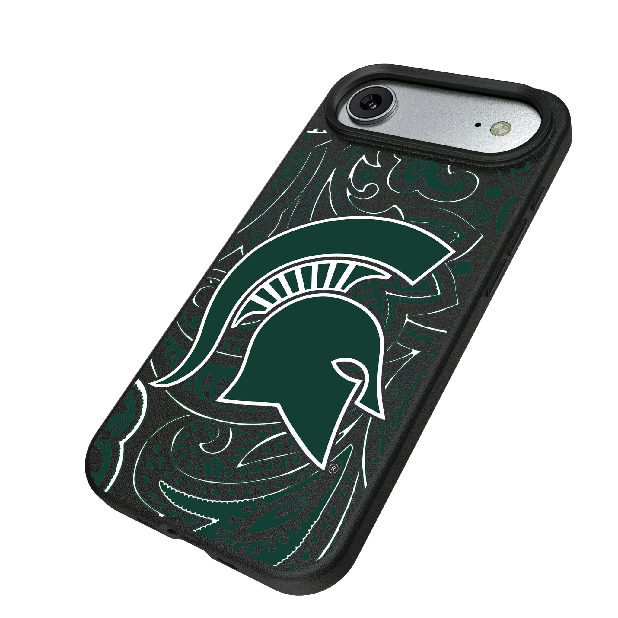 Michigan State University Spartans Paisley iPhone MagSafe Compatible Phone Case for Apple iPhone - Isometric View#Device_iPhone Air