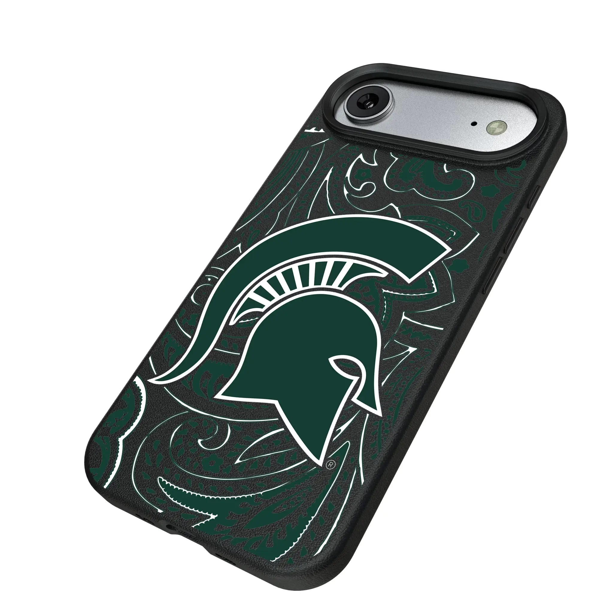 Michigan State University Spartans Paisley iPhone MagSafe Compatible Phone Case for Apple iPhone - Isometric View#Device_iPhone Air